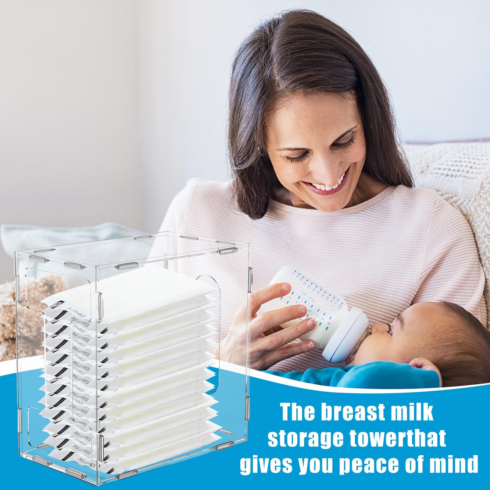 Domensi breast milk storage tower fridge-friendly space-saving design.