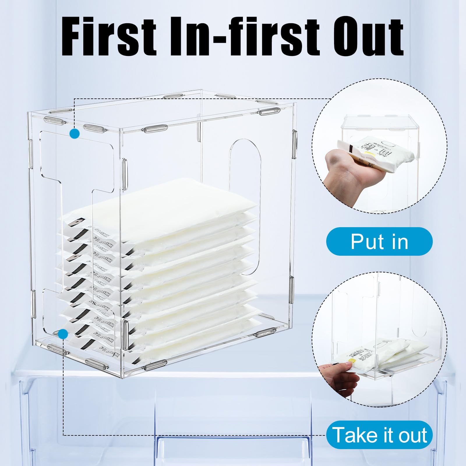 Domensi breast milk storage tower top opening keeps milk accessible in fridge.