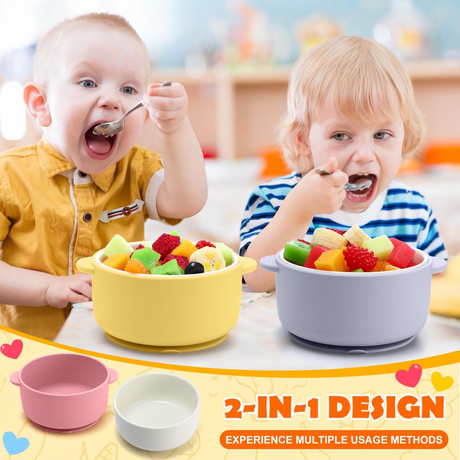 Domensi bright-colors kids bowls attract attention during breakfast or snack time.