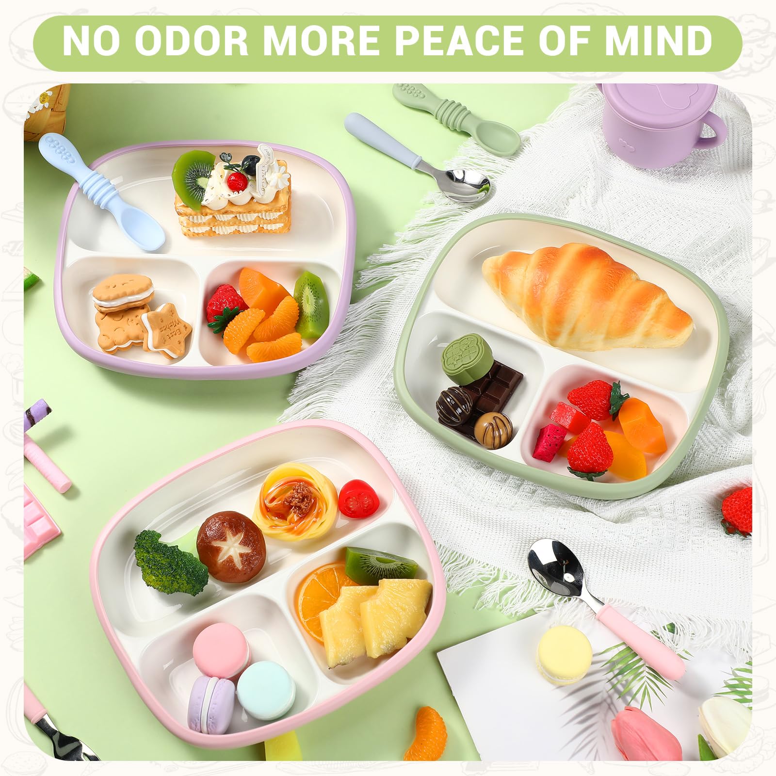 Domensi colorful dinnerware set makes meals engaging for toddlers.