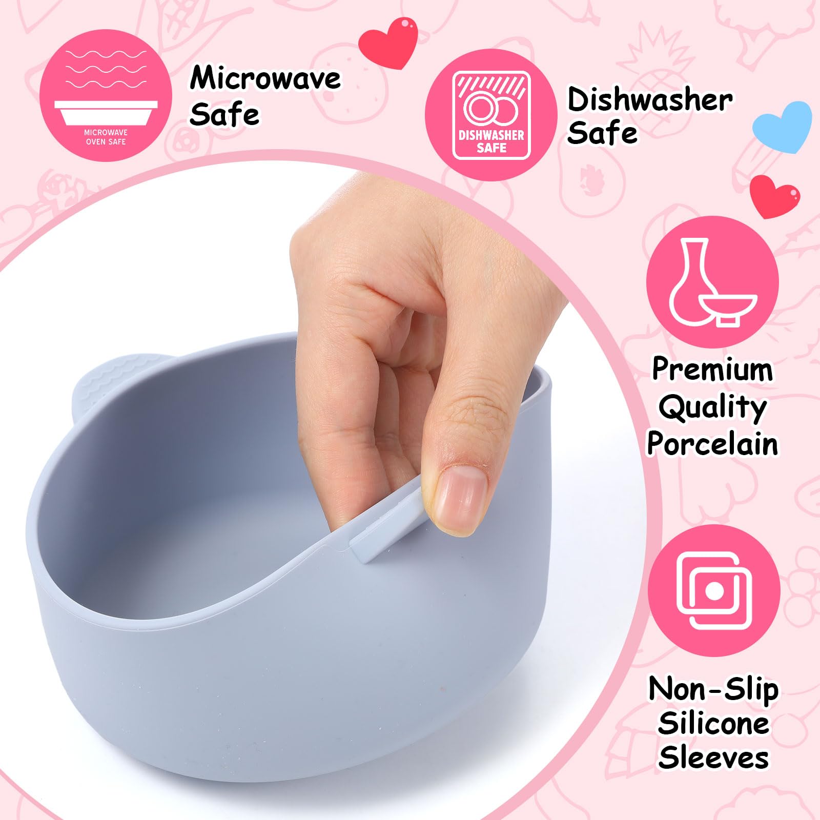 Assembled Domensi four-piece kids bowls with removable sleeves for family meals