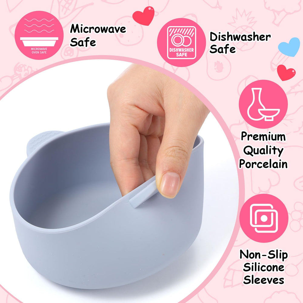 Assembled Domensi four-piece kids bowls with removable sleeves for family meals