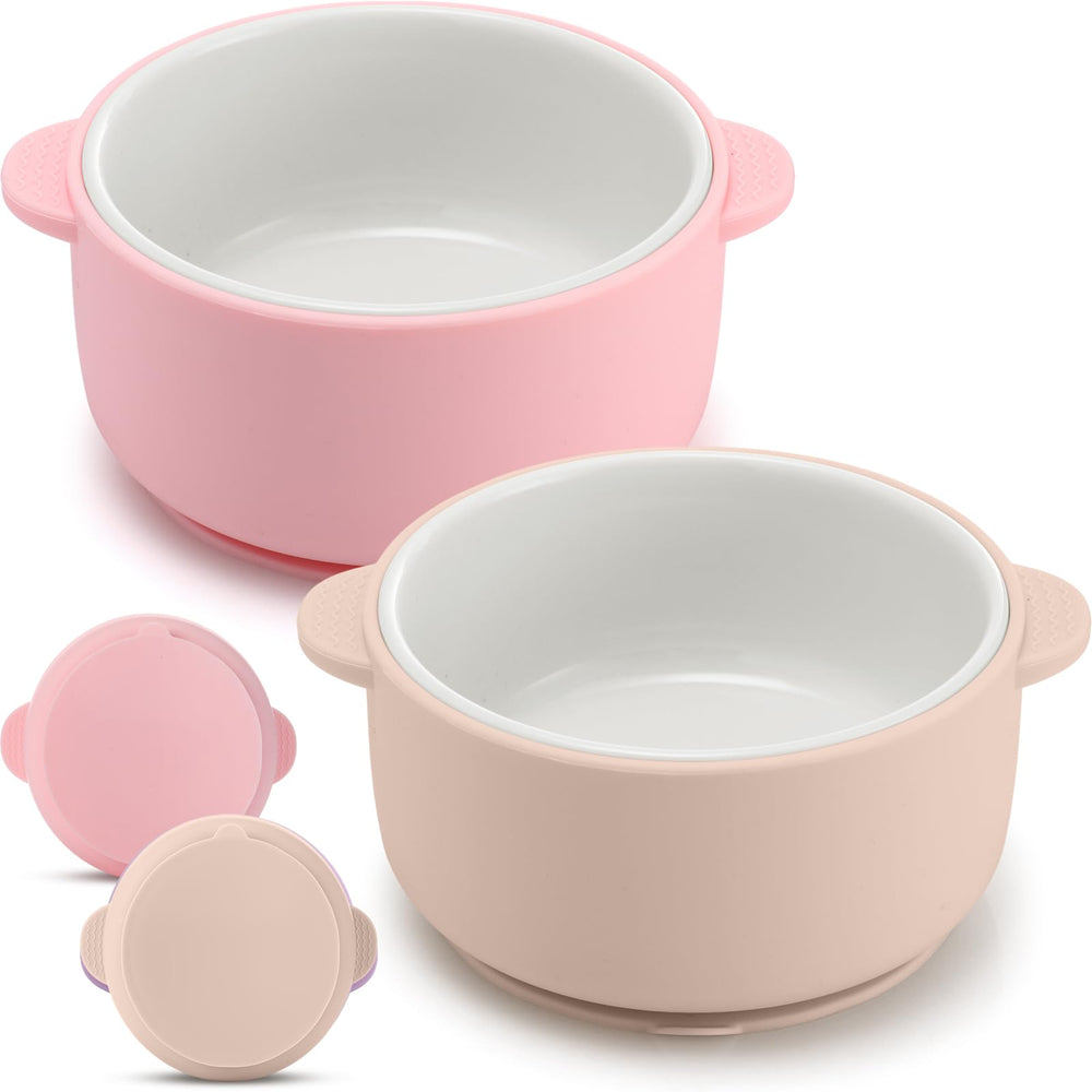 Domensi kids porcelain bowls with pink-beige suction setup promote stable meals and less mess.