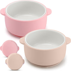 Domensi kids porcelain bowls with pink-beige suction setup promote stable meals and less mess.