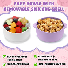 Domensi blue silicone-sleeve bowls for little hands and spill prevention