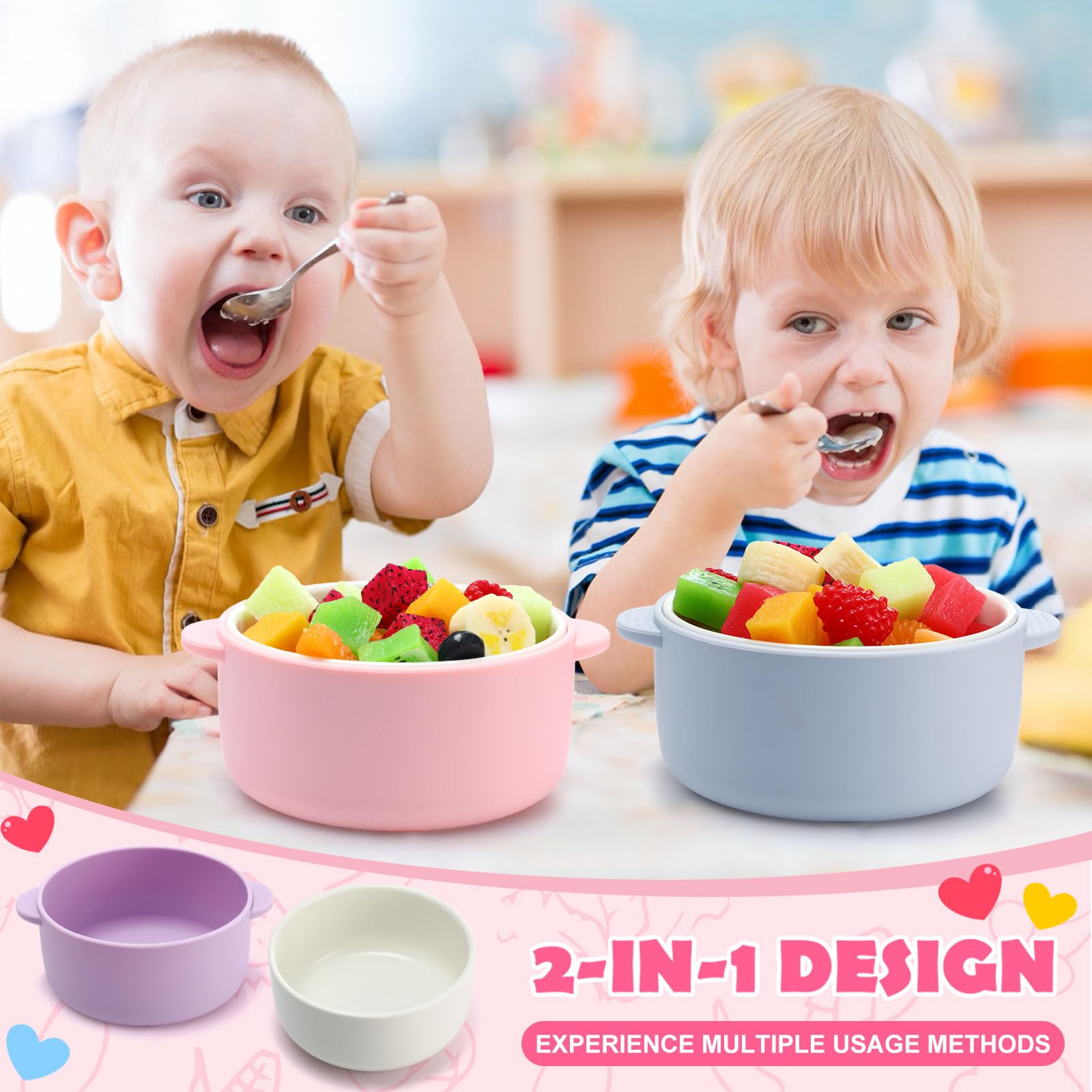 Close-up of Domensi pink bowl showing removable silicone sleeve texture and grip
