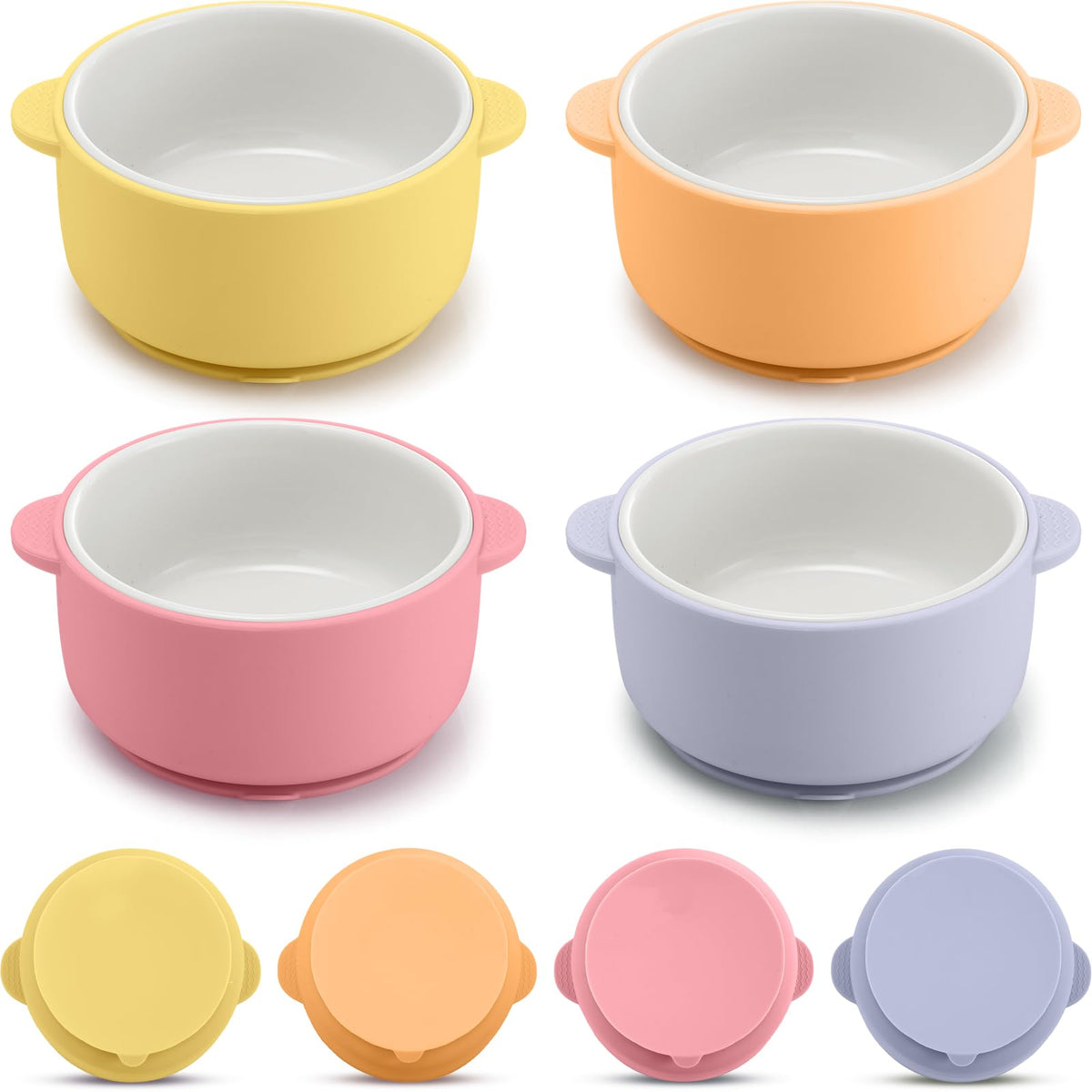 Domensi kids porcelain bowls on table with suction sleeves for mess-free feeding.