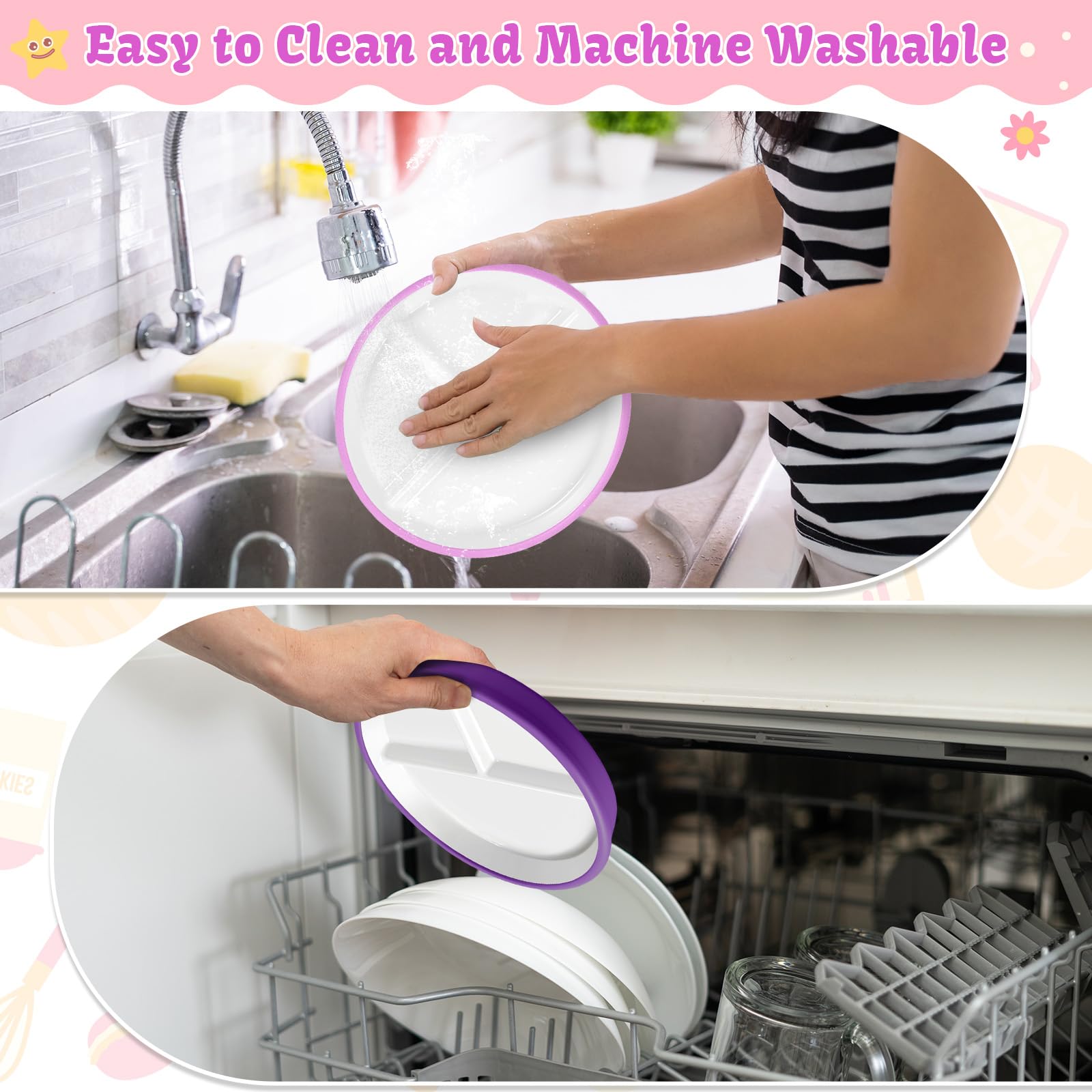 Domensi kids plate design supports independent eating and self-feeding.