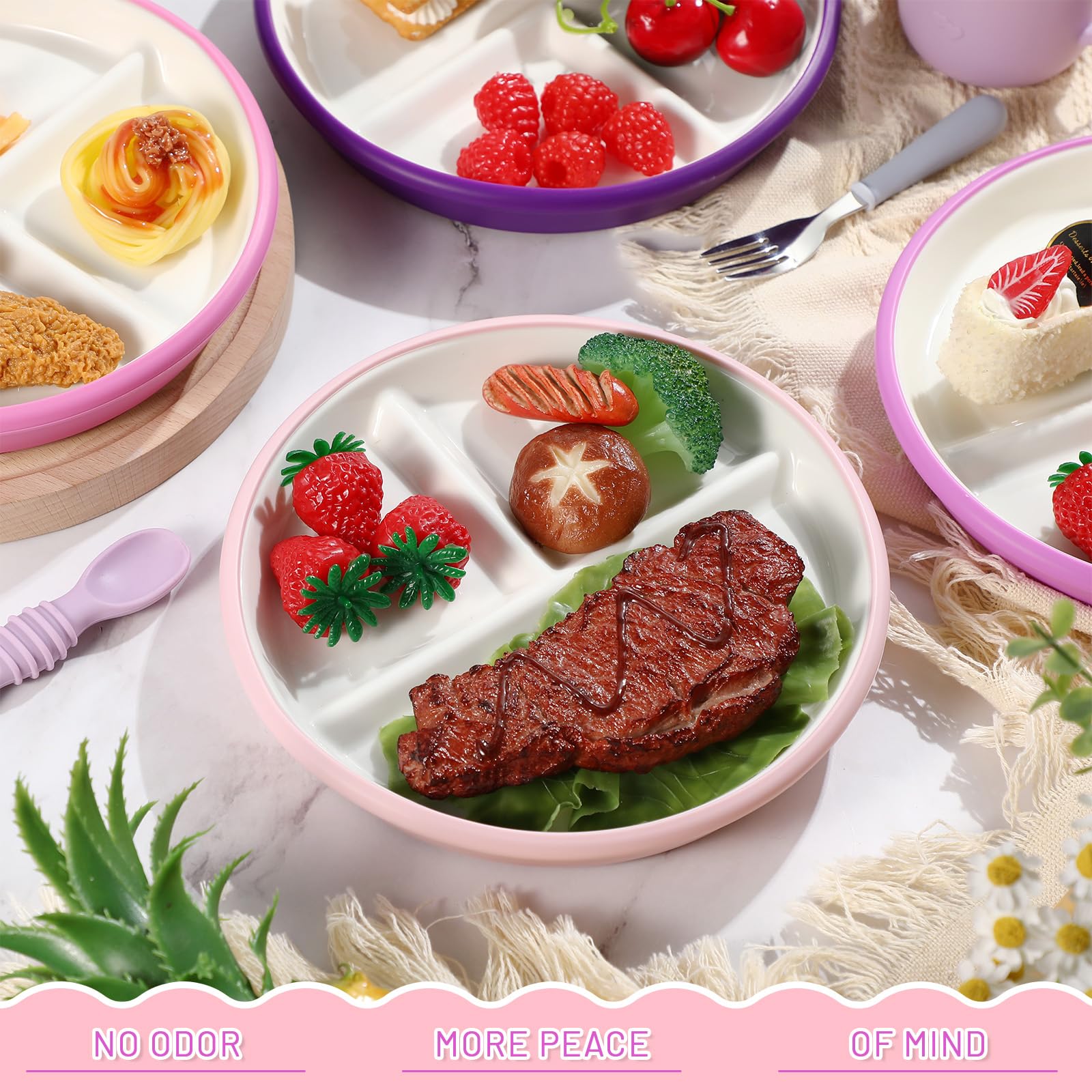 Domensi pink and white color variation adds cheerful mealtime appeal