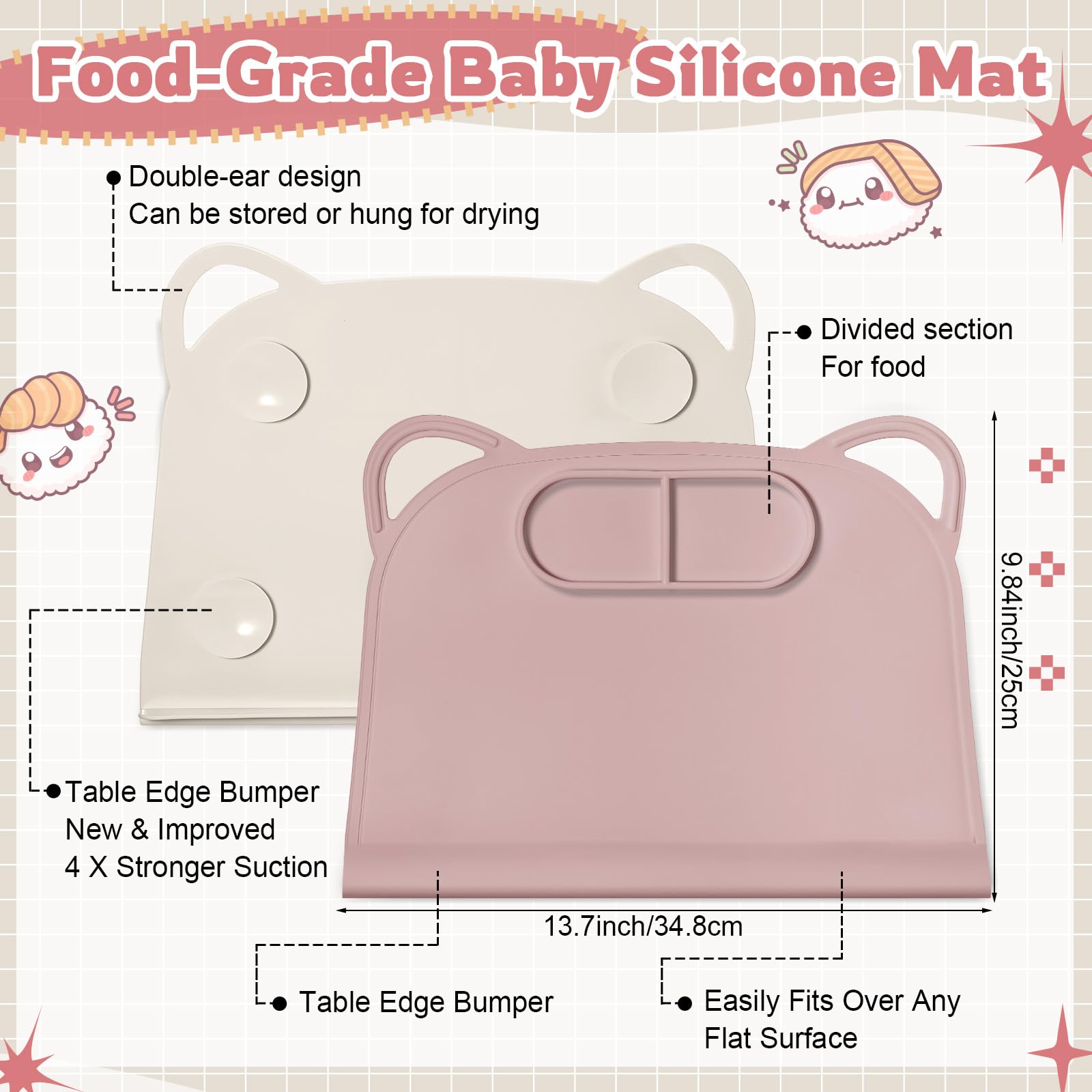 Domensi beige silicone suction placemat with non-slip grip for easy meals.