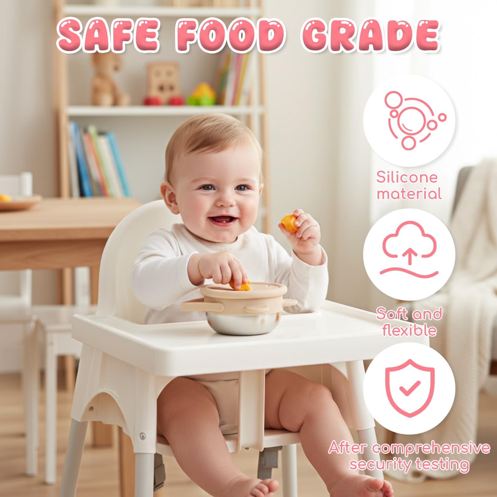 Domensi snack containers with flexible handle enable little hands to grip easily.