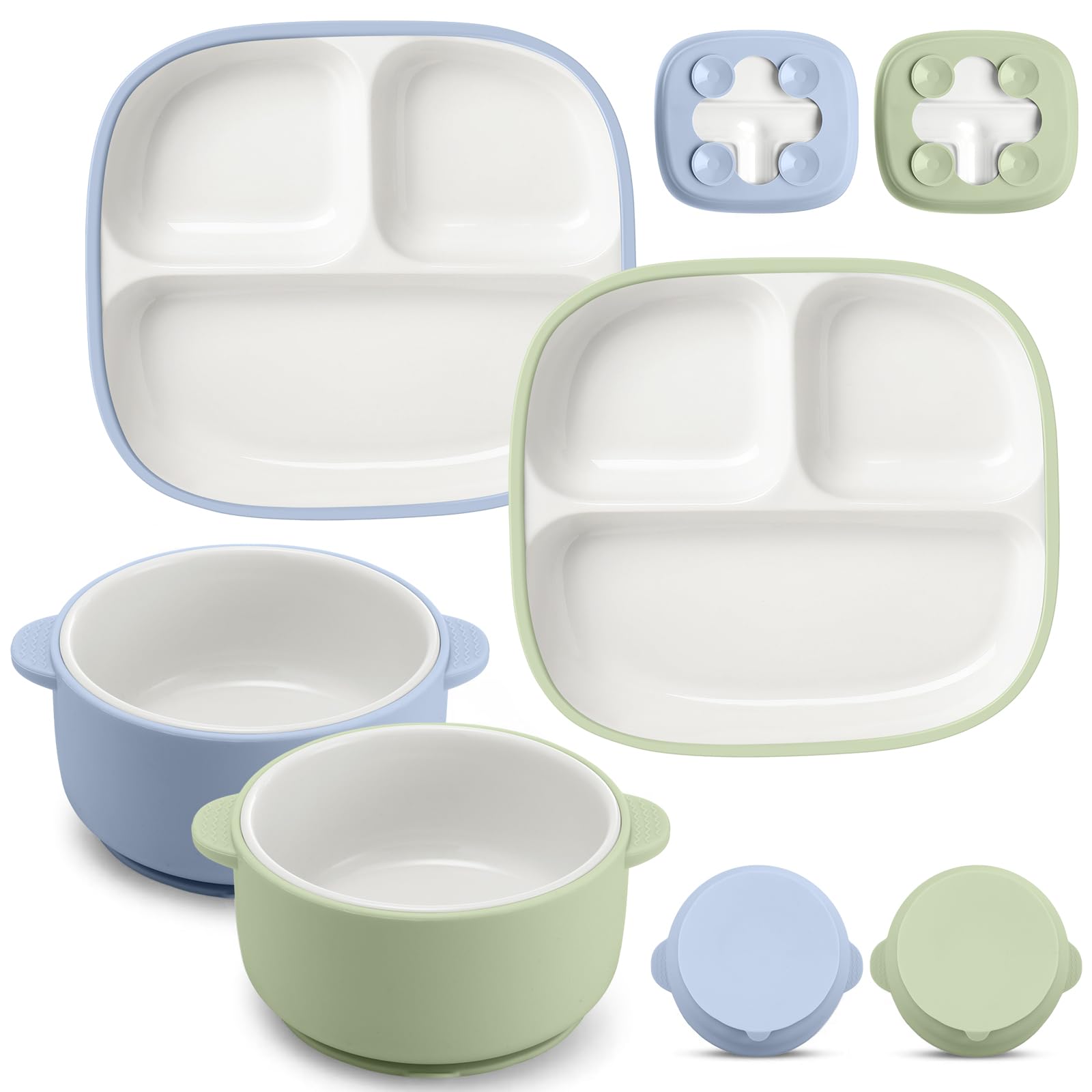 Domensi square porcelain blue plate with suction keeps meals in place during feeding.