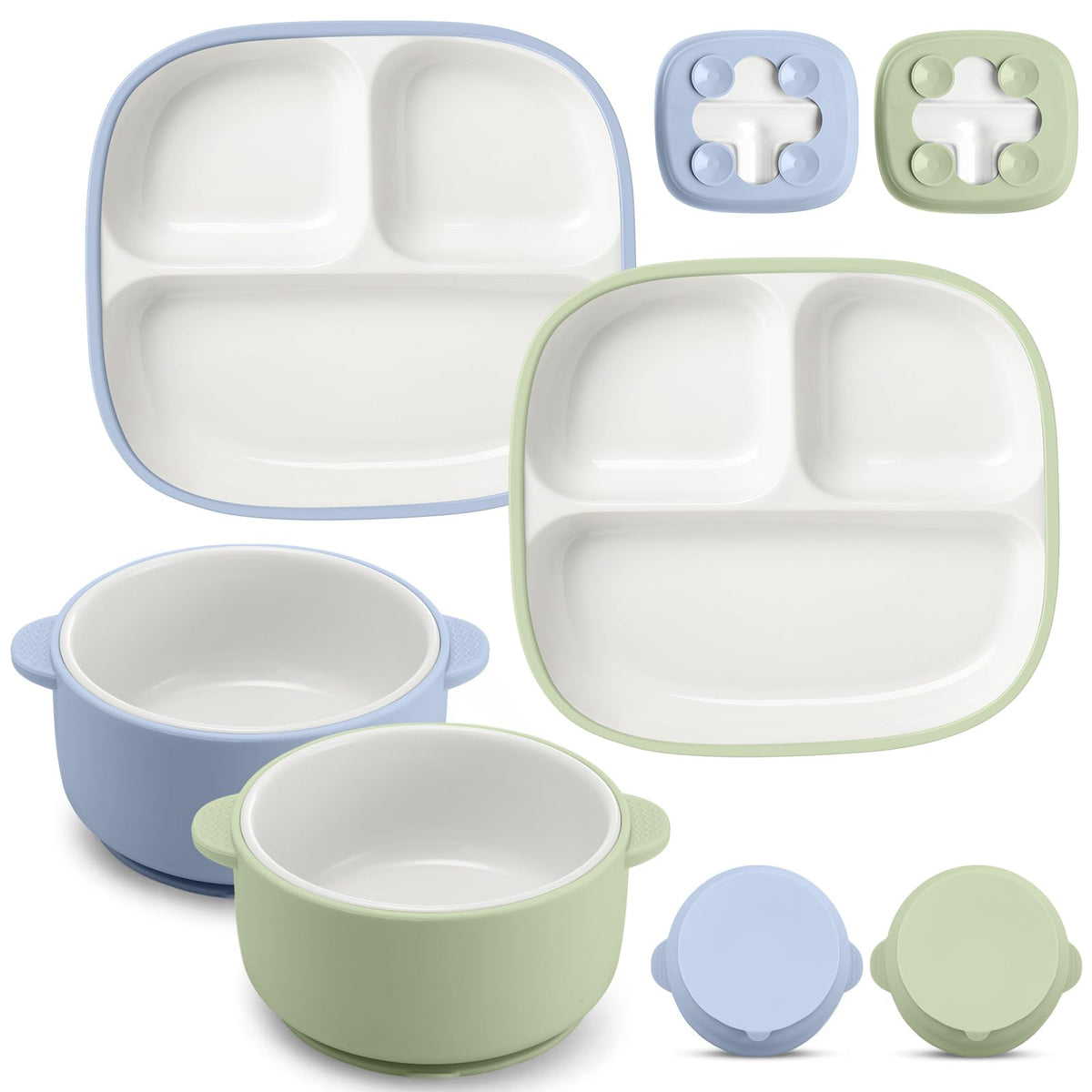 Domensi square porcelain blue plate with suction keeps meals in place during feeding.