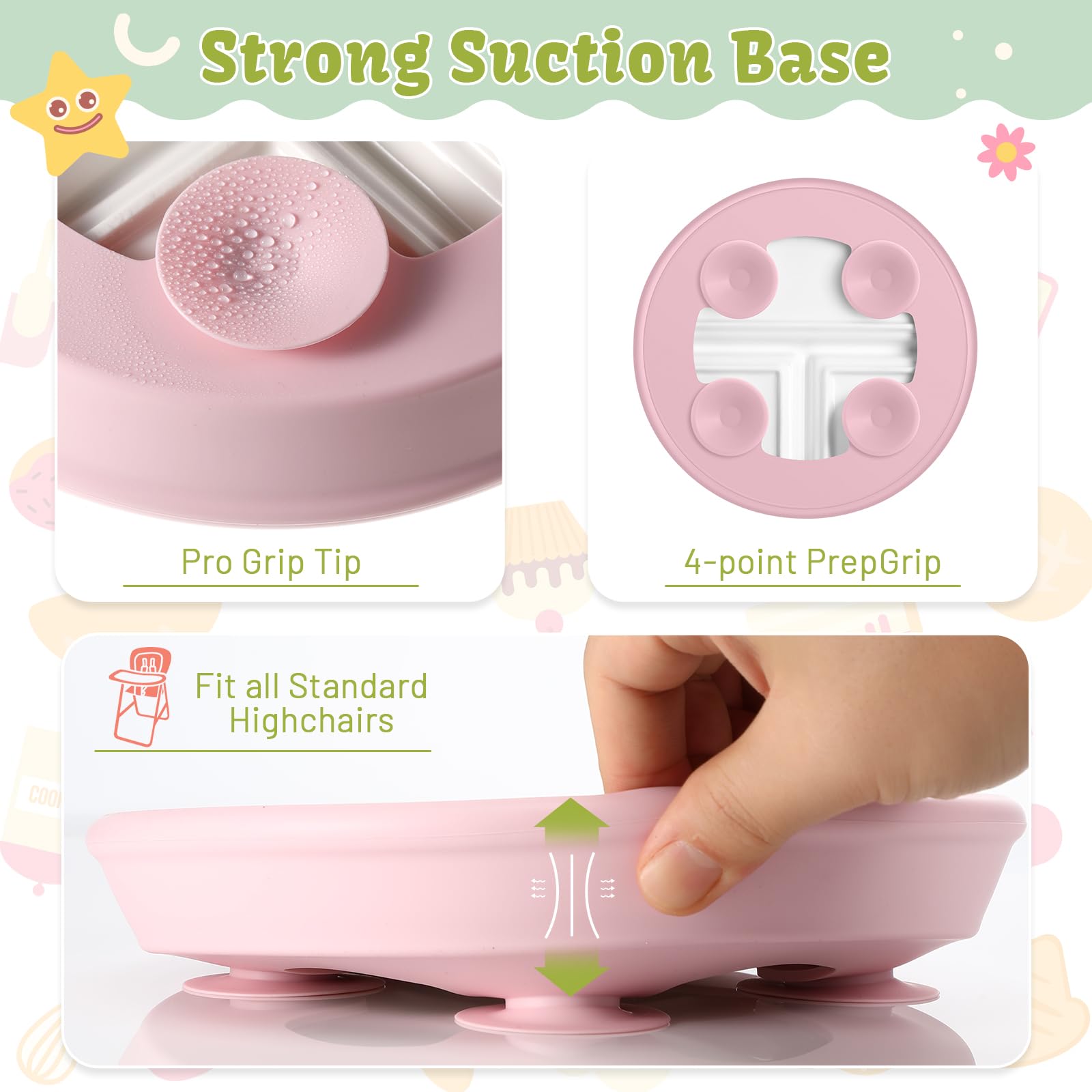 Domensi suction cup anti-slip base keeps plates steady on smooth tabletops.