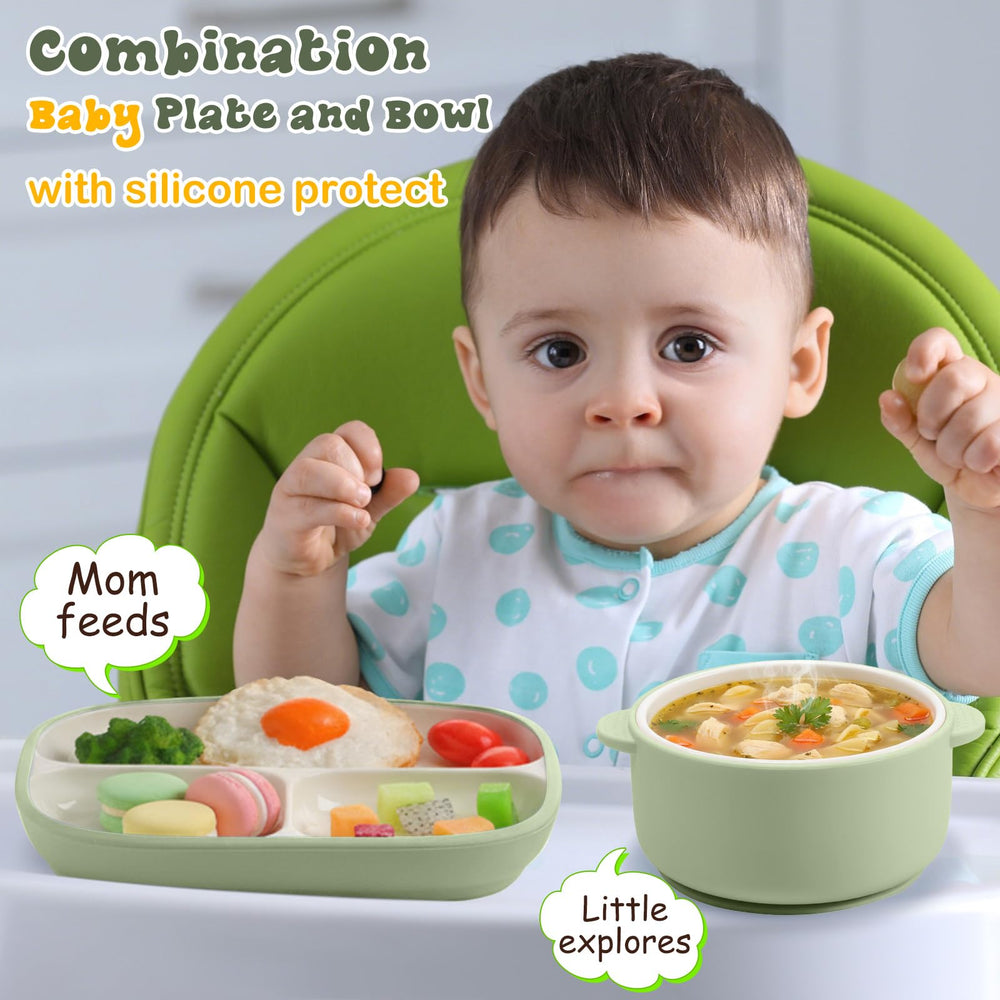 Domensi toddler bowl with silicone sleeve green anti-slip for stable feeding.