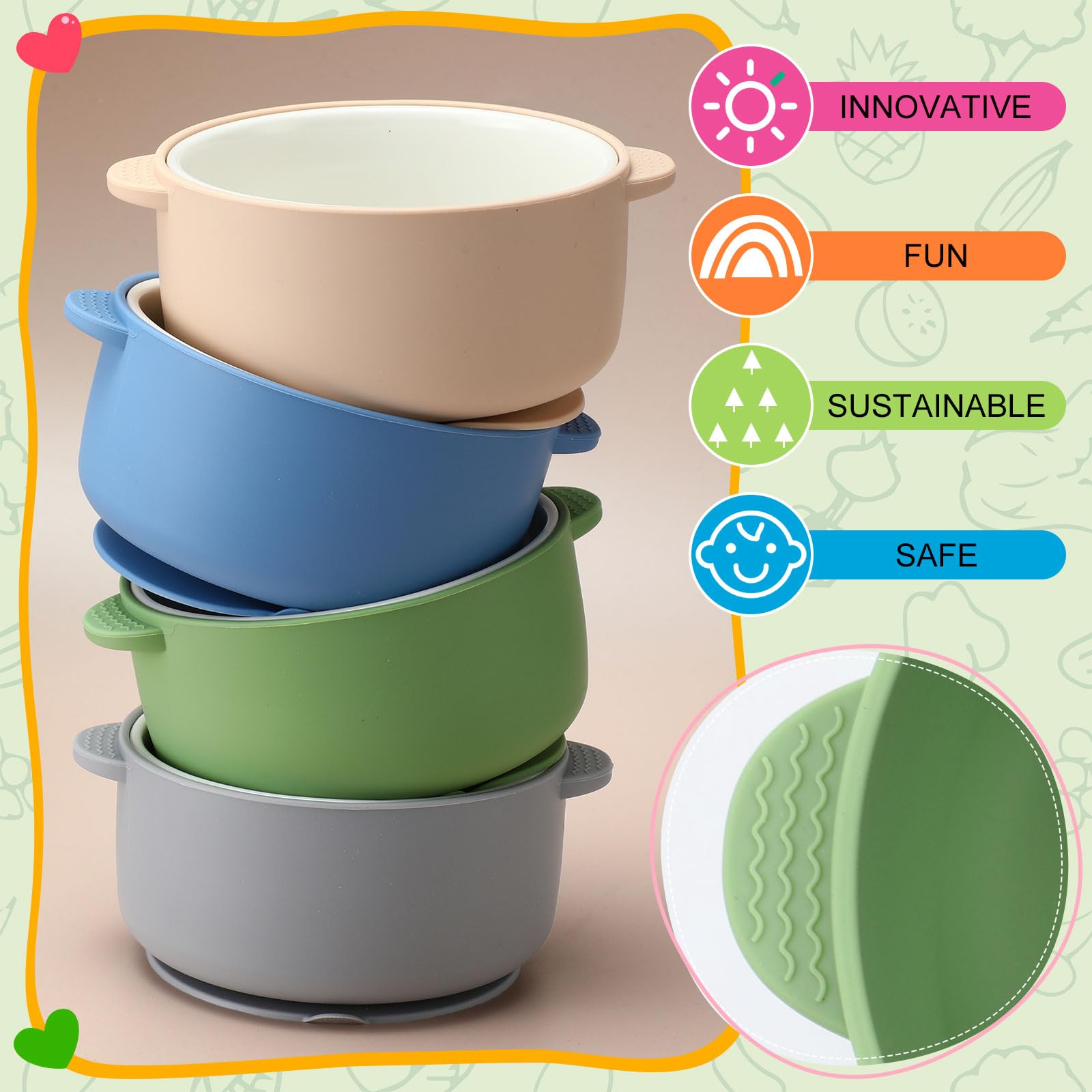 Domensi toddler porcelain bowl with anti-slip base helps prevent spills.