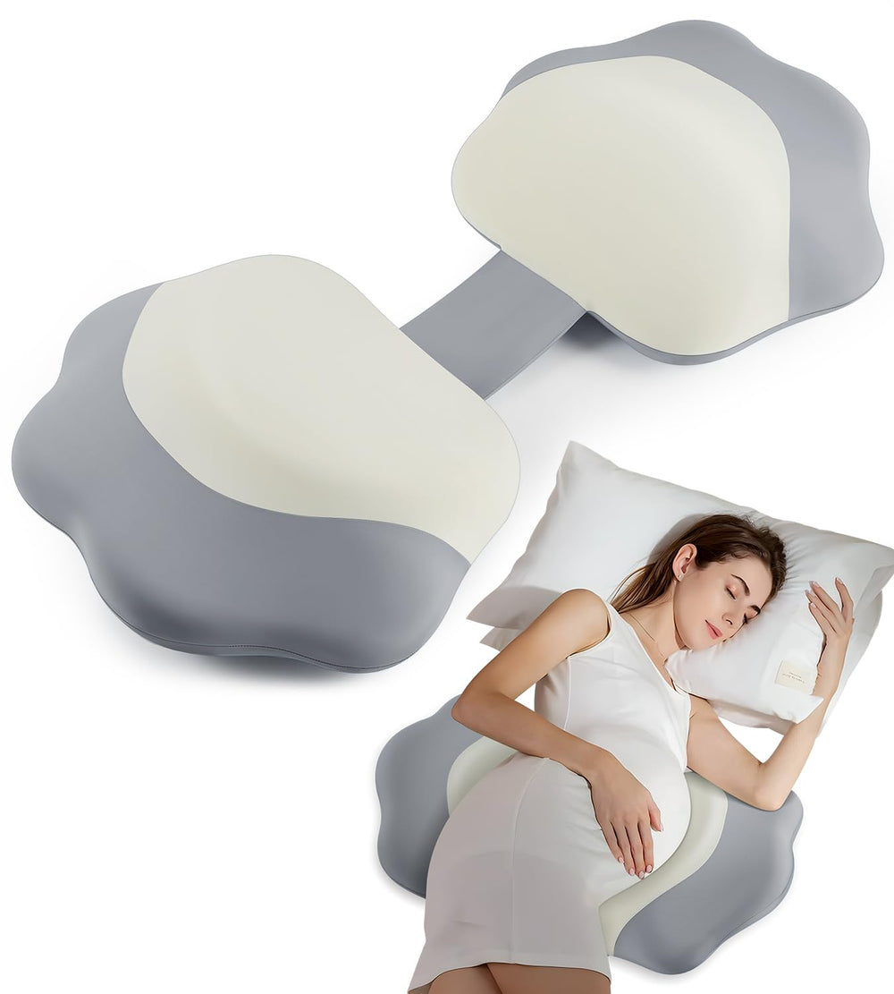 DONAMA pregnancy pillow with memory foam core adapts to curves for targeted back and belly support.
