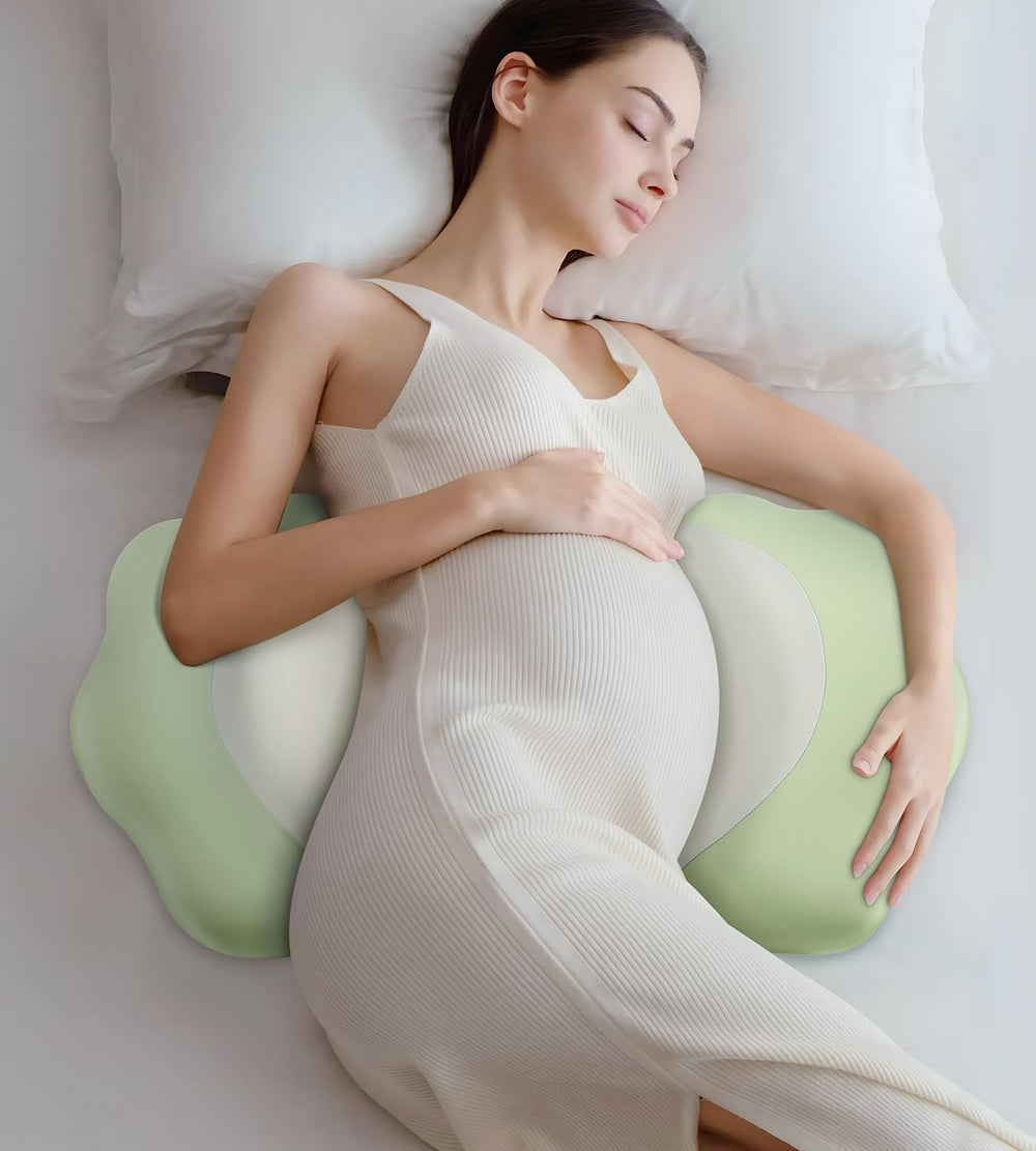 DONAMA pregnancy pillow memory foam core contours to back and belly for lasting comfort.