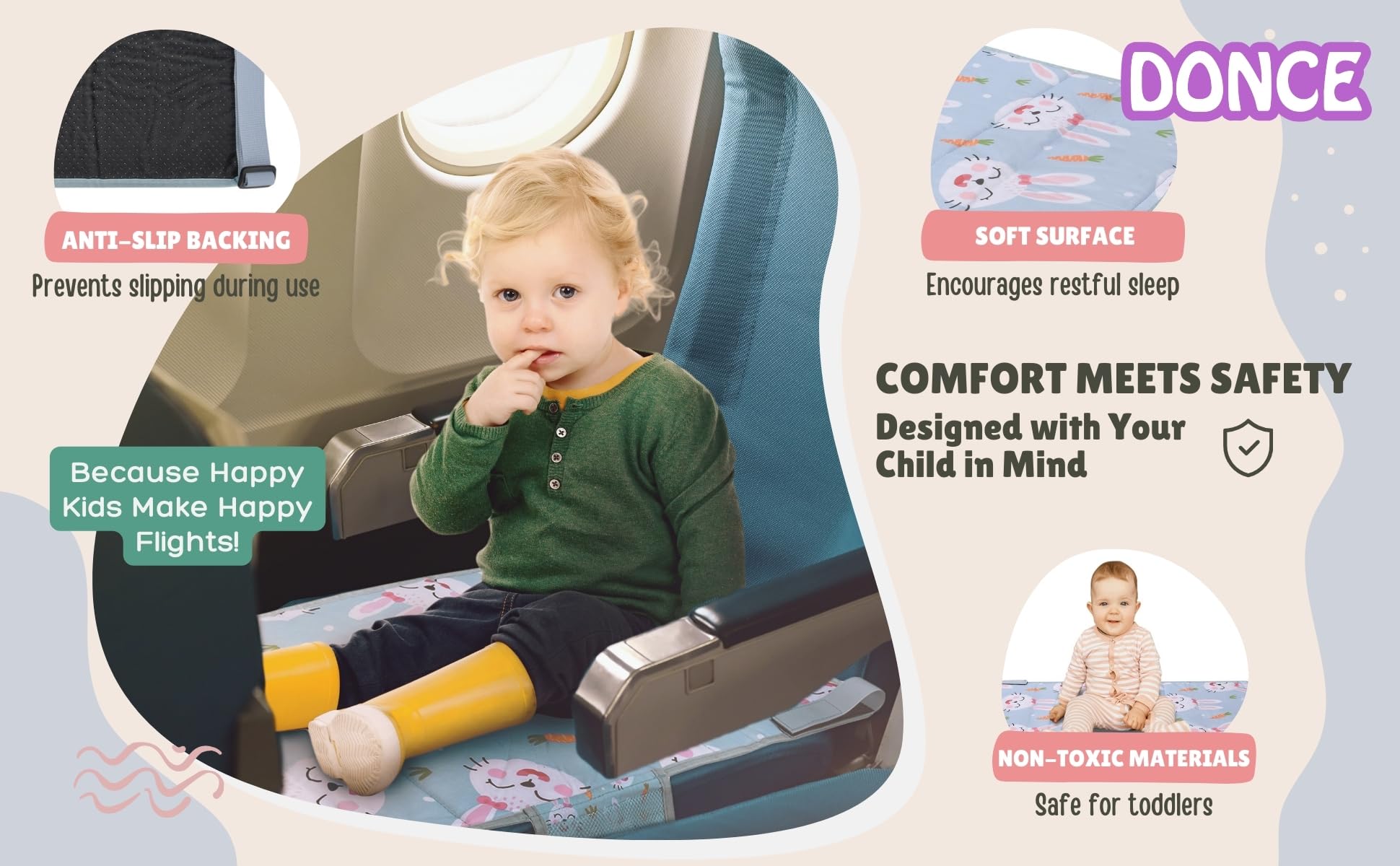 DONCE toddler airplane bed easy installation fits most airplane seats.