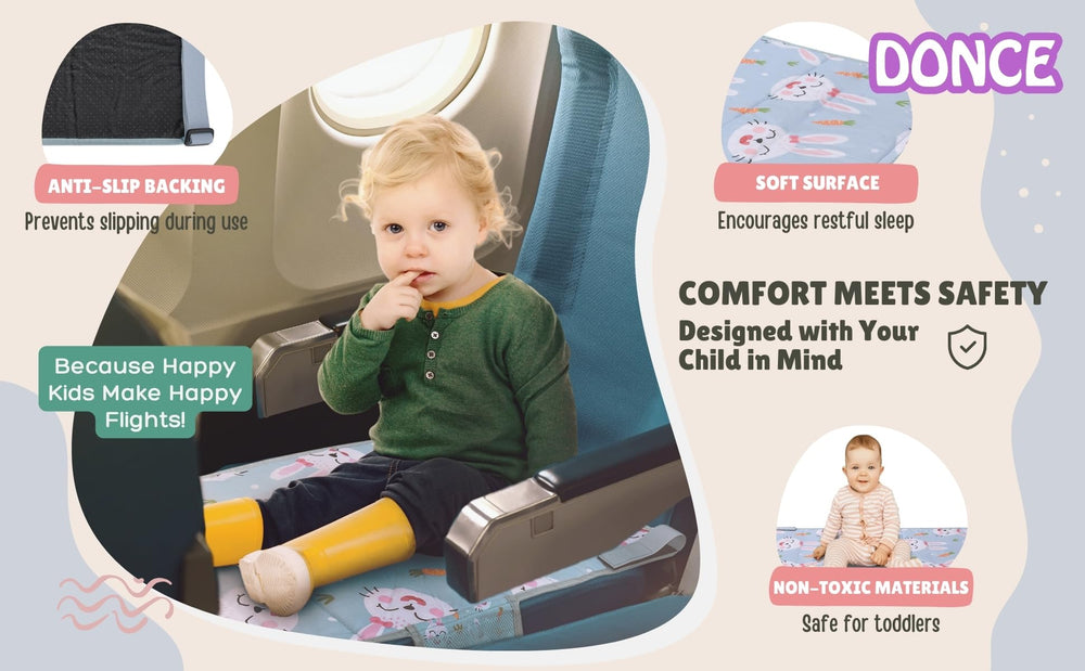 DONCE toddler airplane bed easy installation fits most airplane seats.