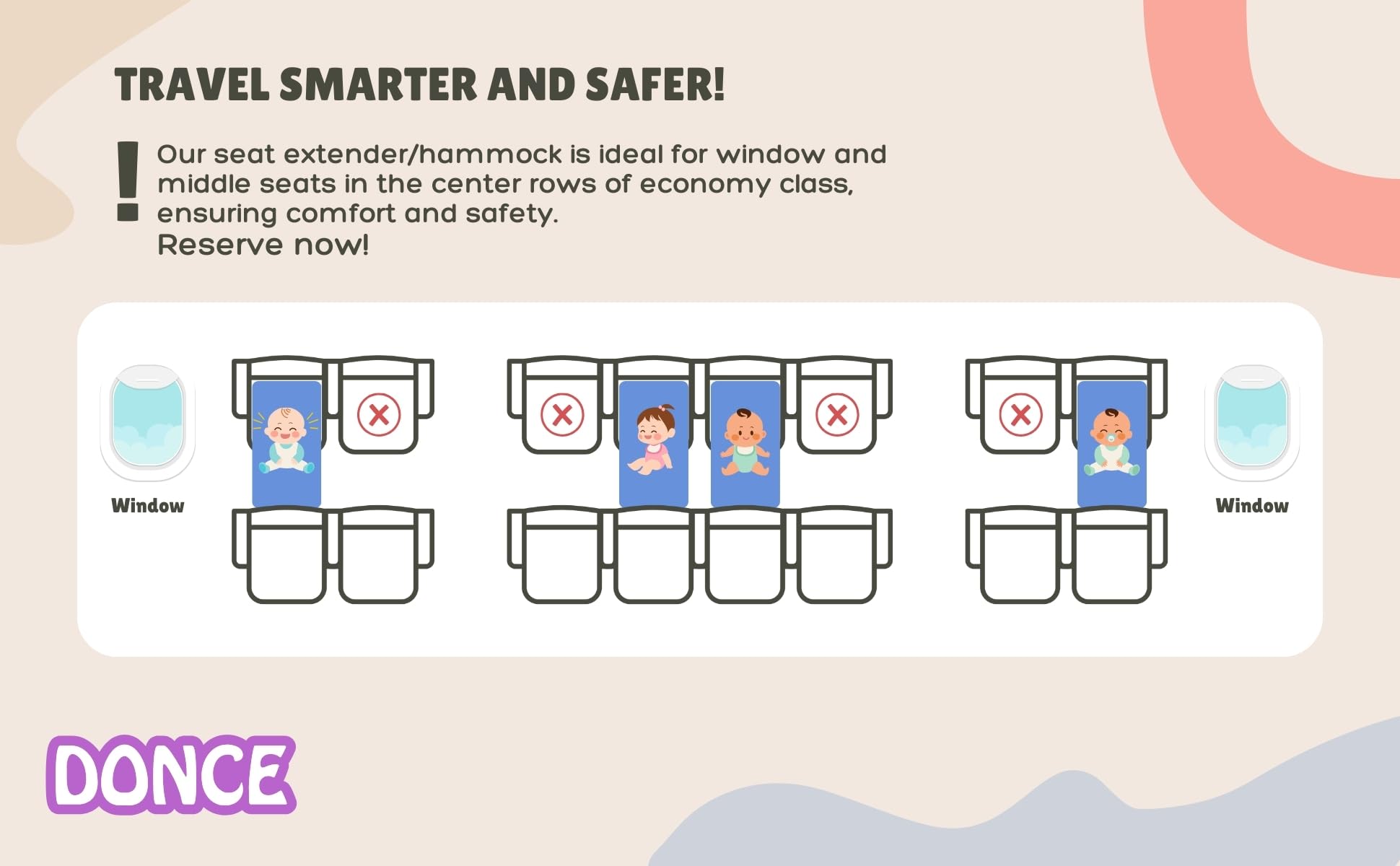 DONCE toddler airplane bed safe placement behind tray tables on window or middle seats.