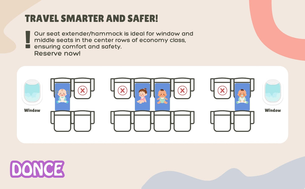 DONCE toddler airplane bed safe placement behind tray tables on window or middle seats.