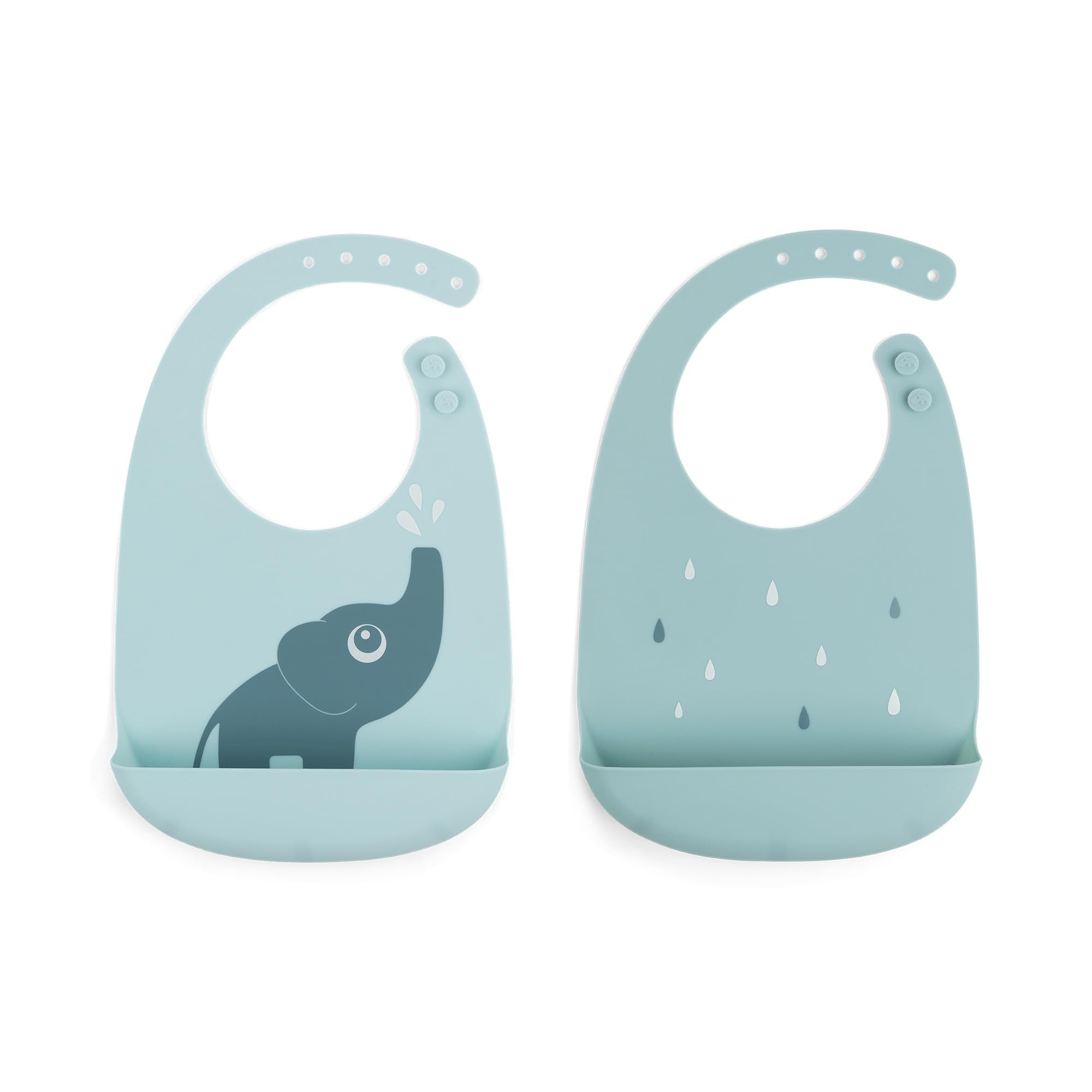 Done by Deer Elphee blue silicone bib with large pocket catching spills during meals.