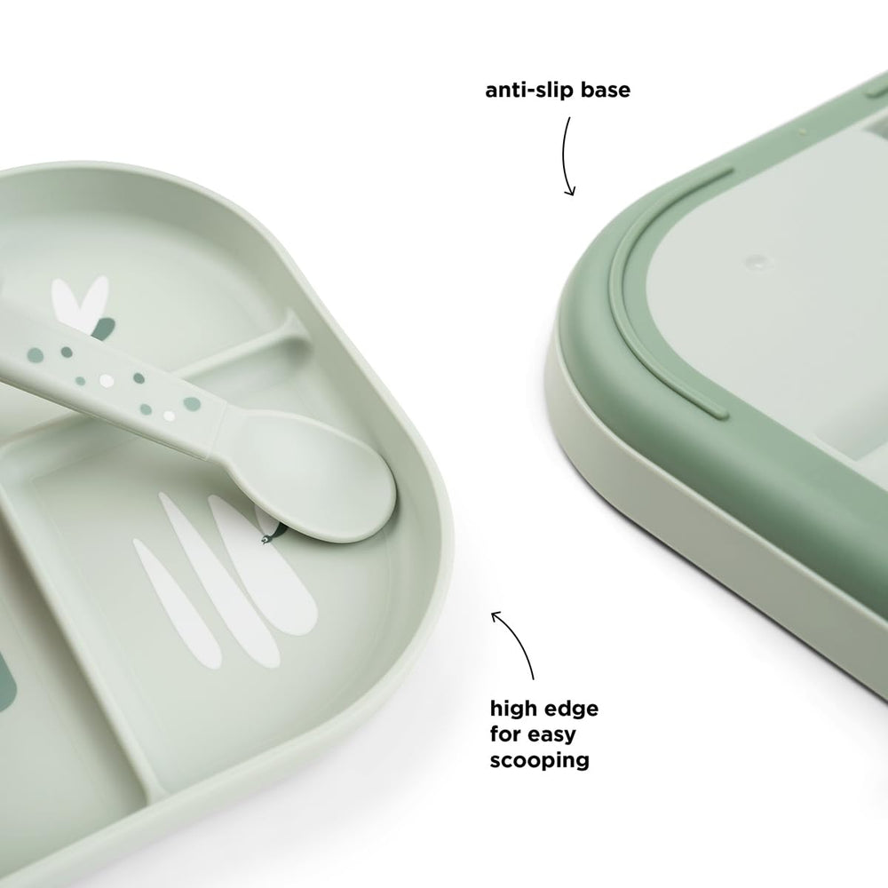 Done by Deer Foodie plate green highlights BPA-free materials for safe meals.