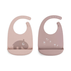 Done by Deer Ozzo powder silicone bib with large pocket for mess-free mealtimes.