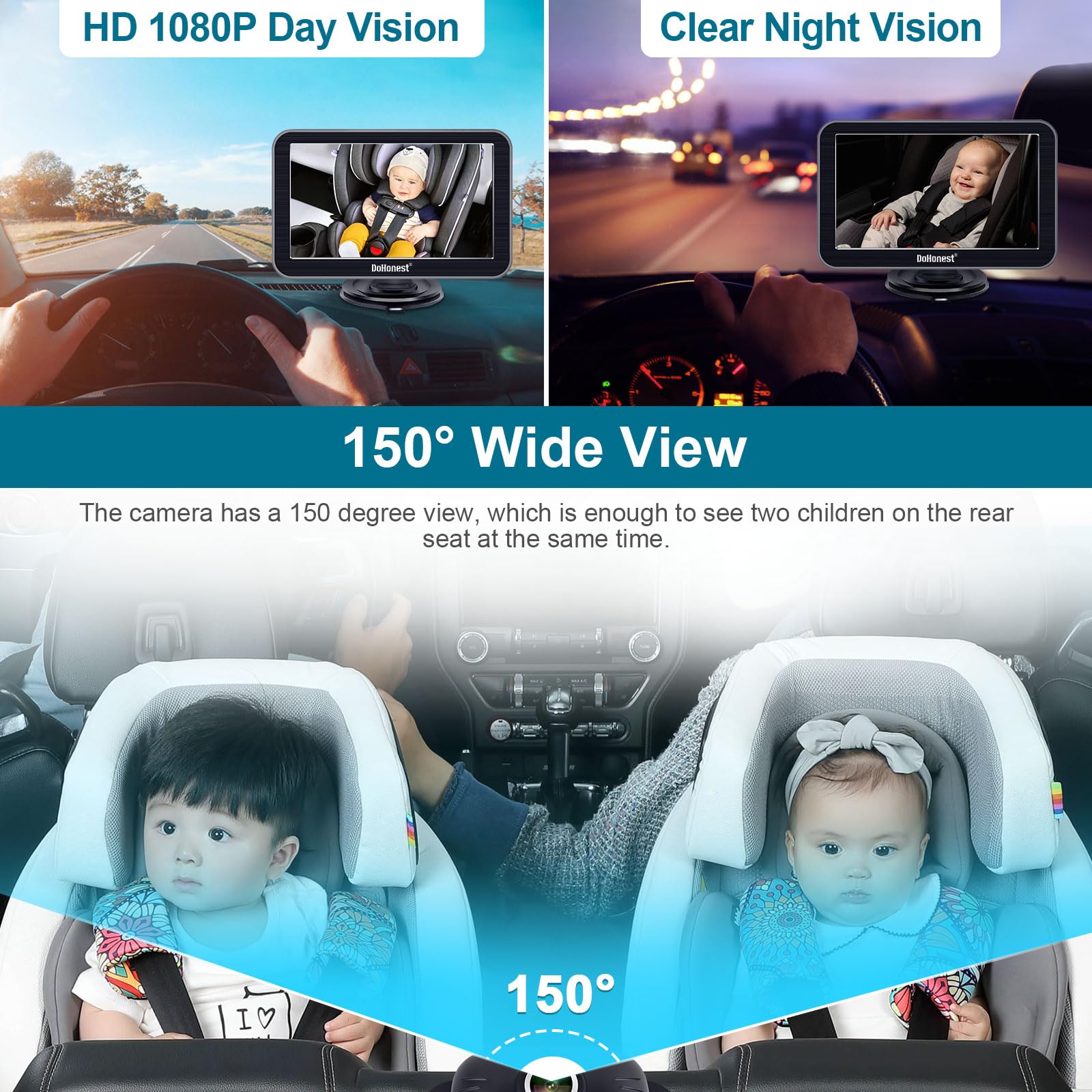 DoHonest wide-angle 150° lens captures expansive rear seating for multi-child monitoring.