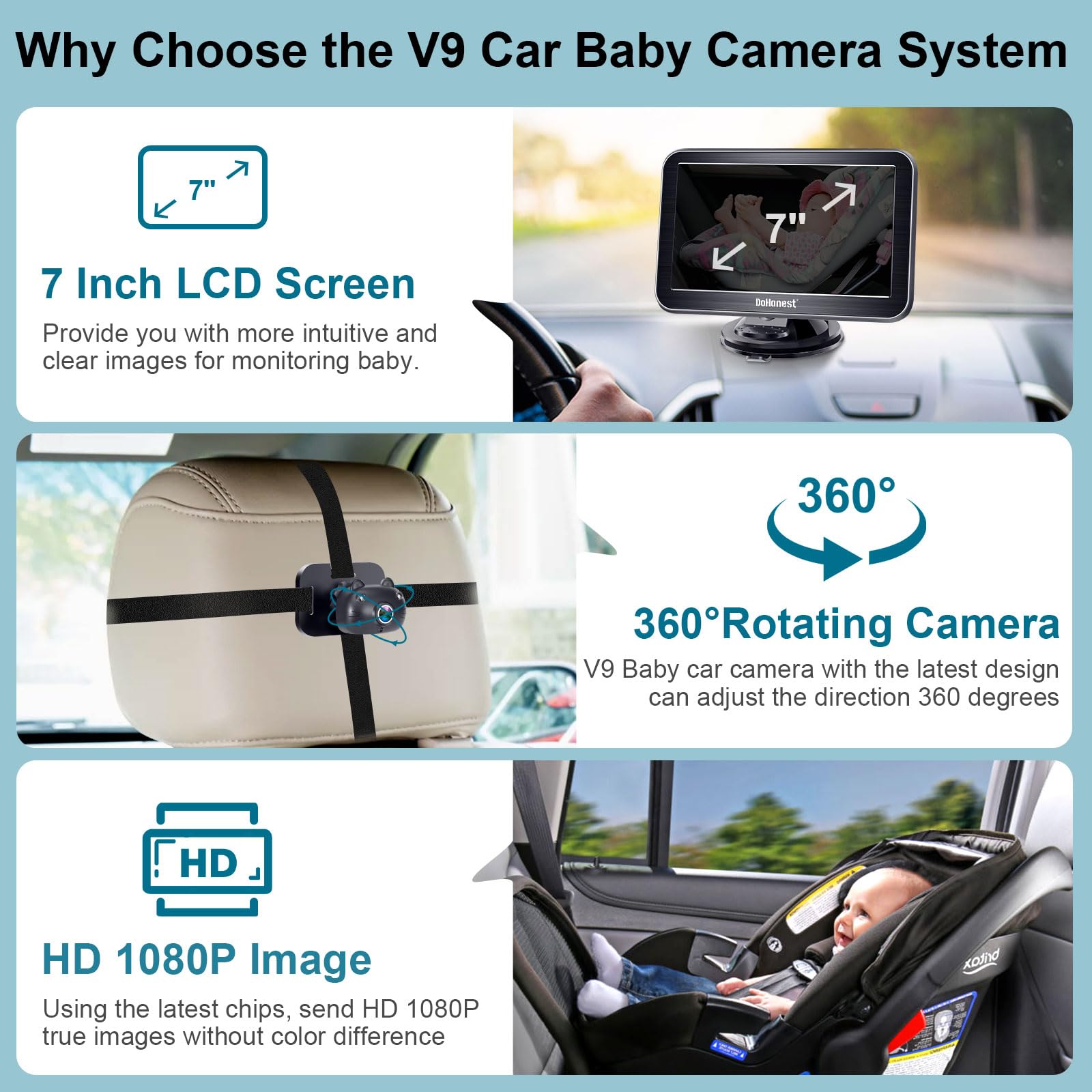 DoHonest 360 rotating camera provides full backseat visibility for safer supervision.
