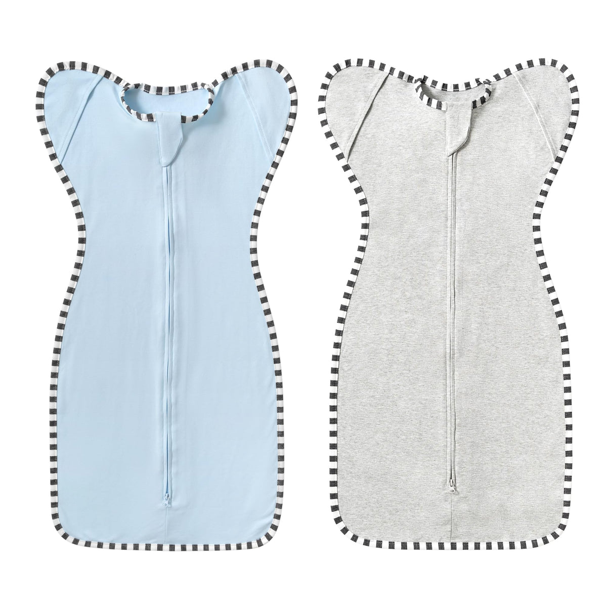 DONOMILO blue-grey transition swaddle with arms-up design promotes calm newborn sleep.