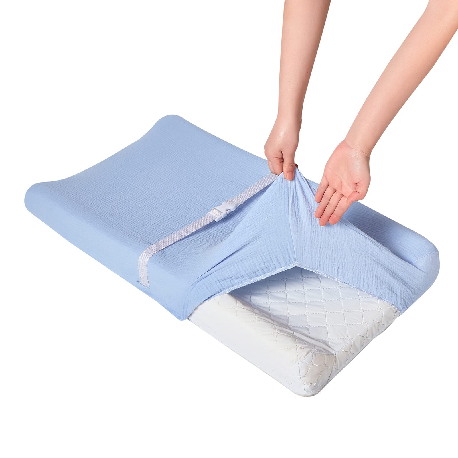 Donomilo changing pad cover buttonholes for strap safety during diaper changes