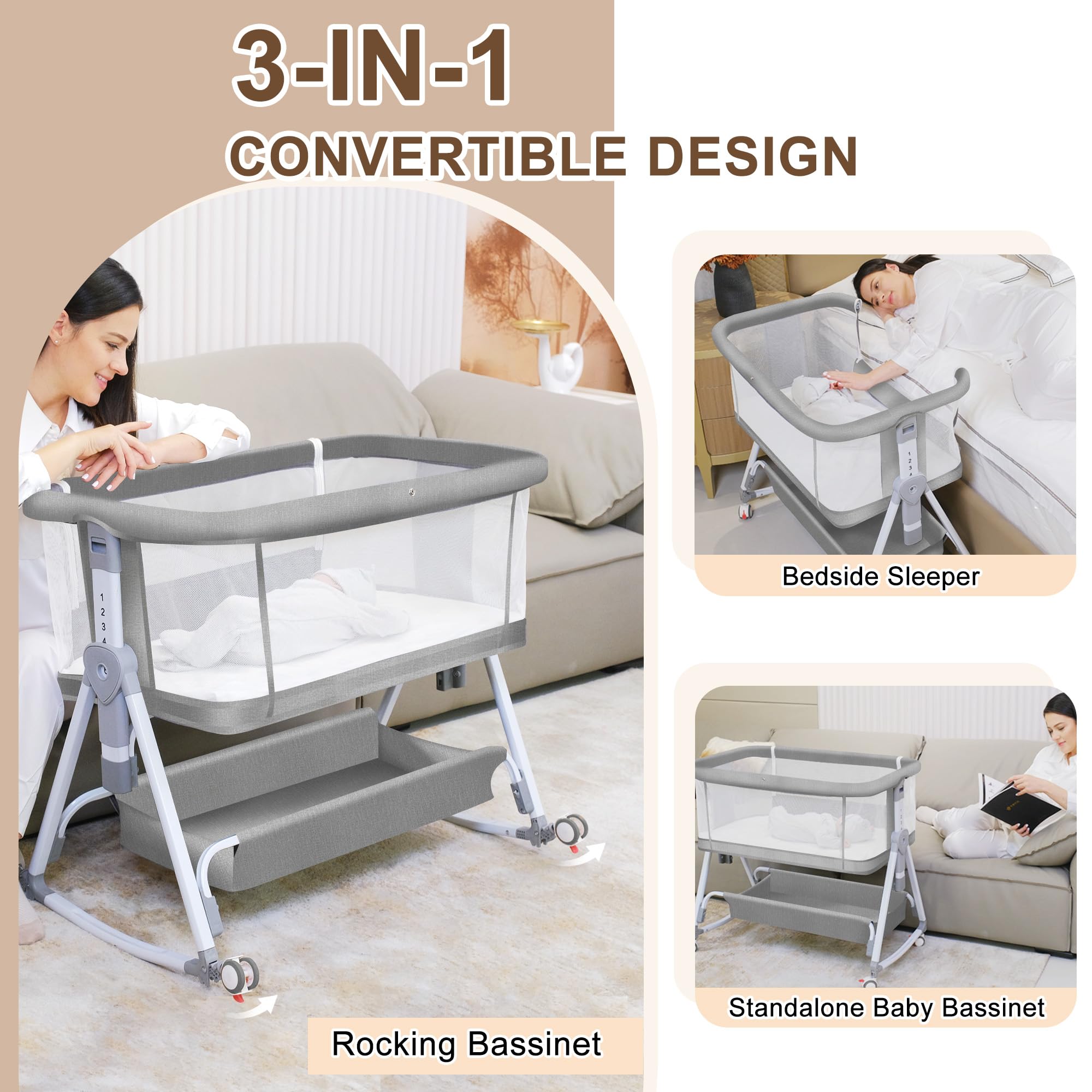 Donpemu 3-in-1 bassinet bedside sleeper: versatile for standalone, attached, or rocking modes.