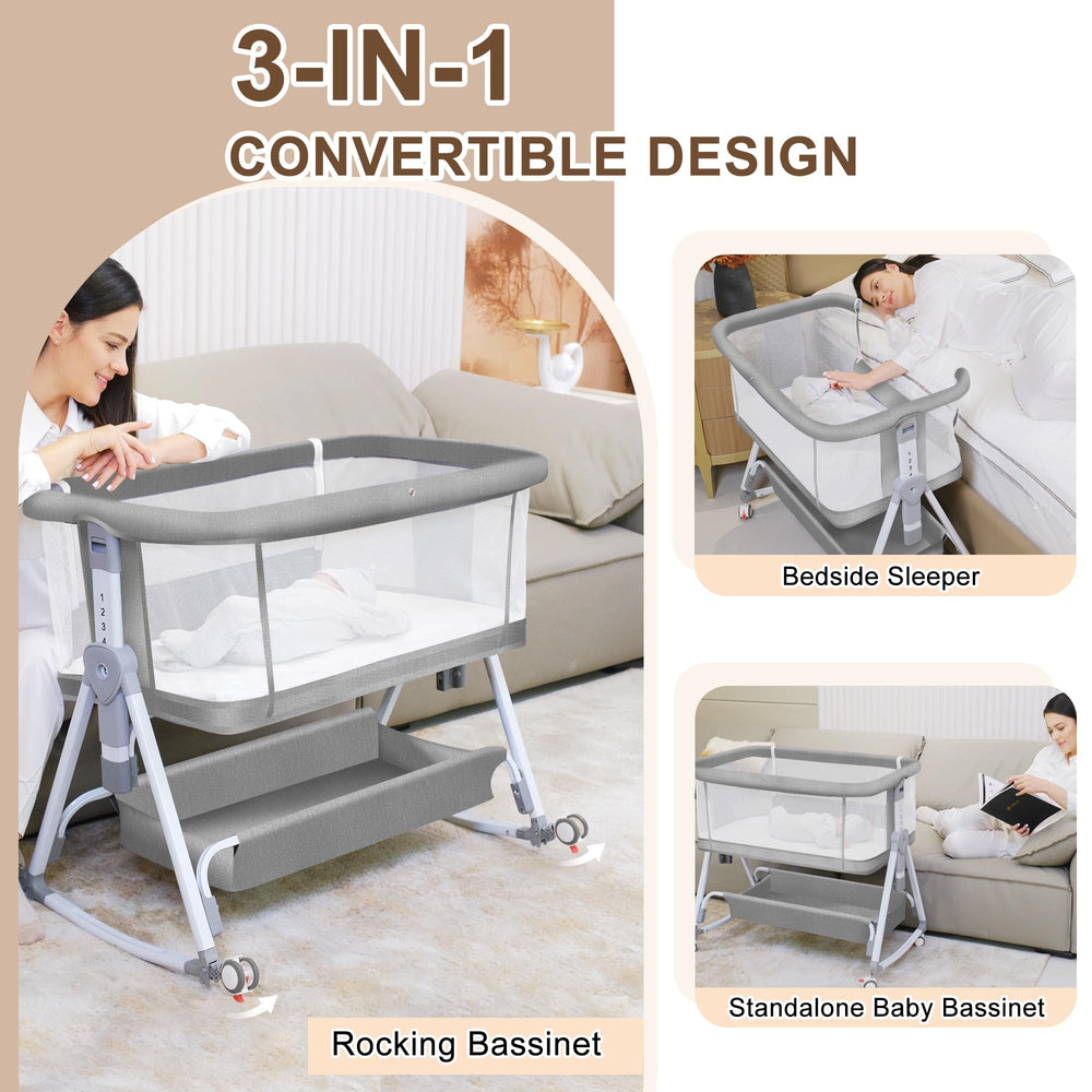 Donpemu 3-in-1 bassinet bedside sleeper: versatile for standalone, attached, or rocking modes.