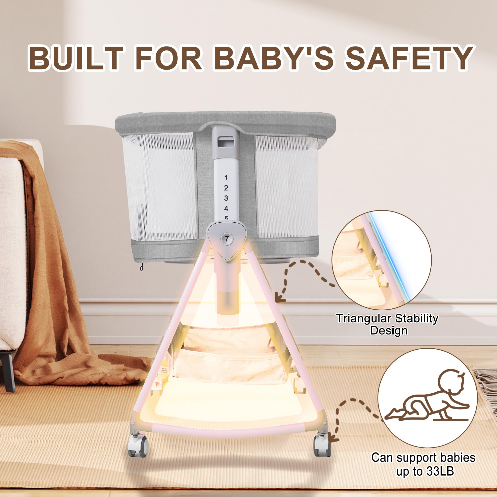 Donpemu gray bassinet with storage basket: convenient space to keep essentials close.