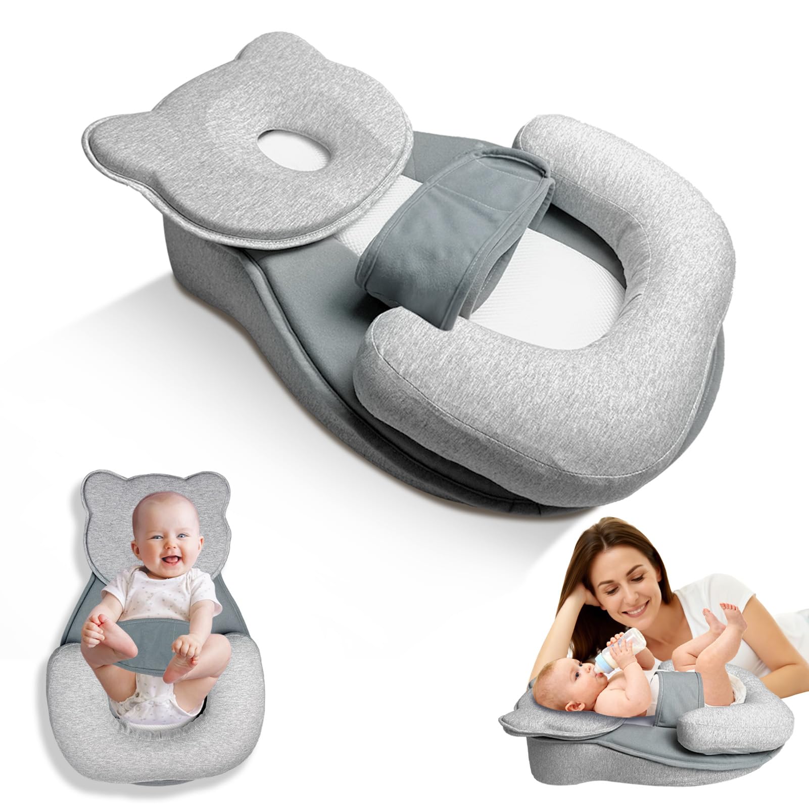 Donpemu reflux pillow cat-ear headrest provides cozy support for newborn feeding positions.