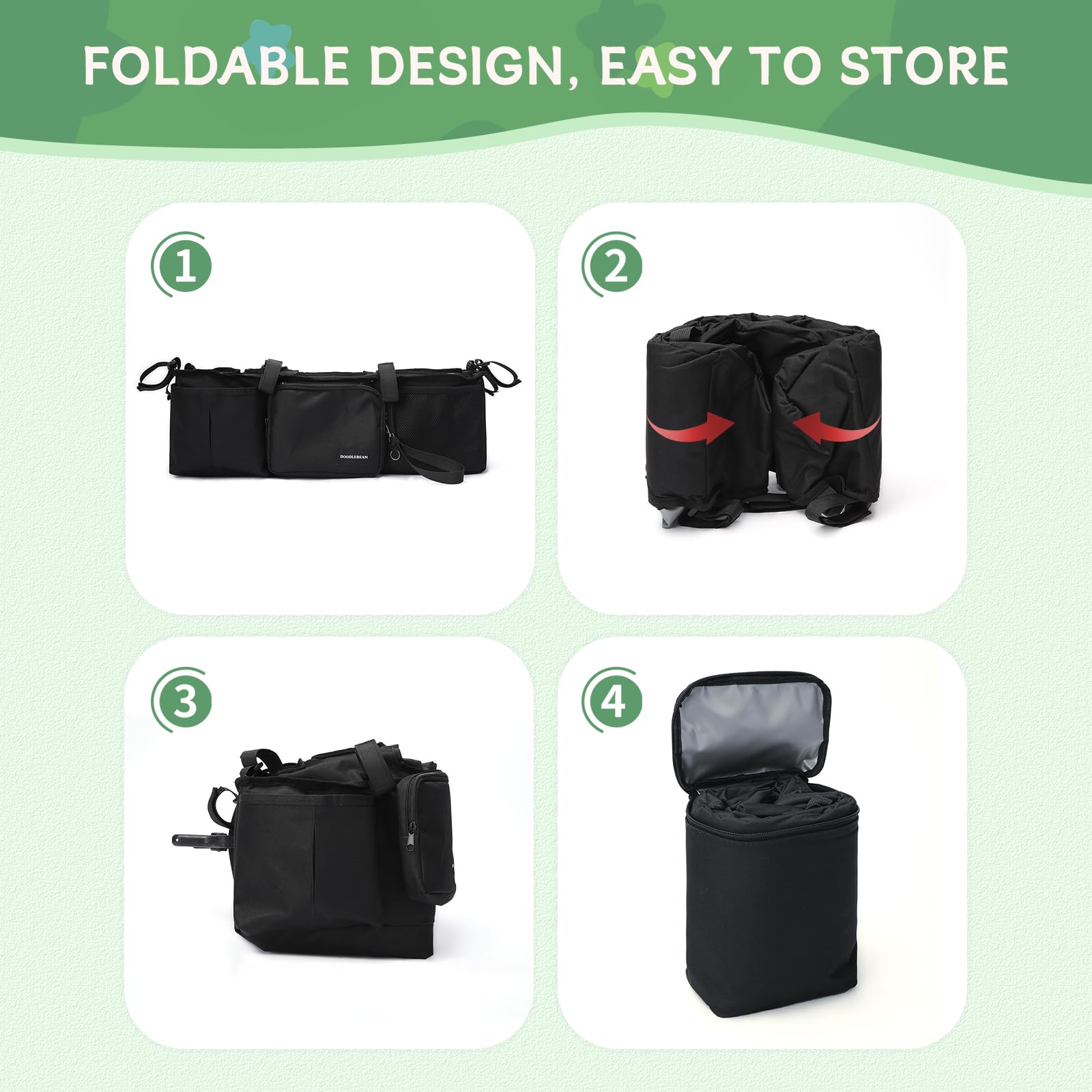 DOODLEBEAN organizer with cooler bag suits most double strollers for easy outings.