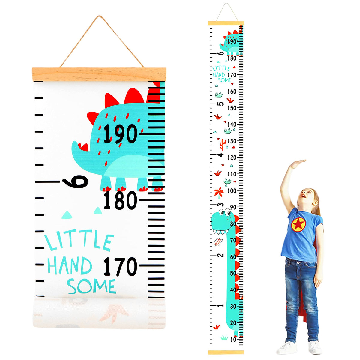 DOOLMIN growth chart dinosaur hanging setup shows easy wall installation for nursery decor