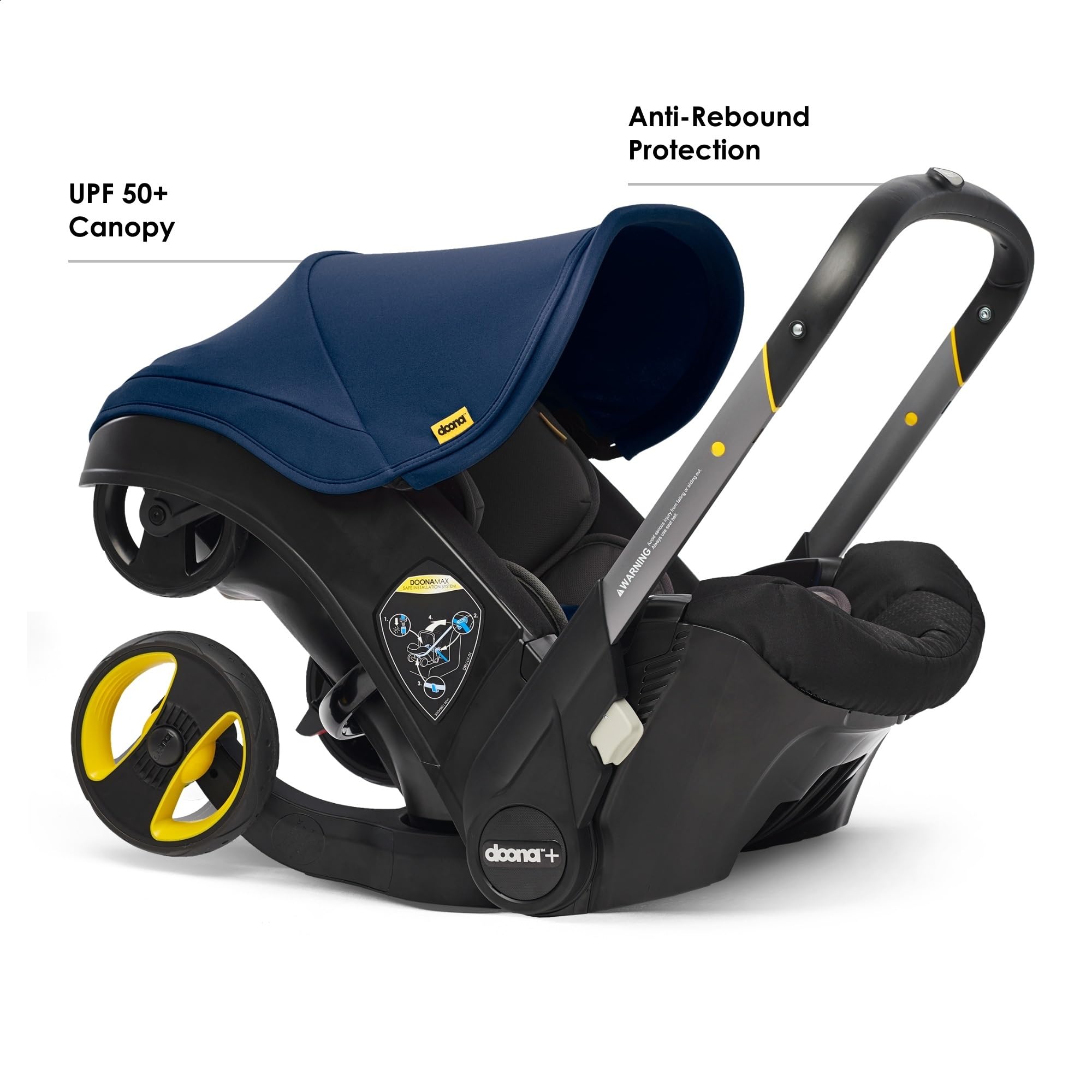 Doona car-seat base latch system enables quick secure installation.