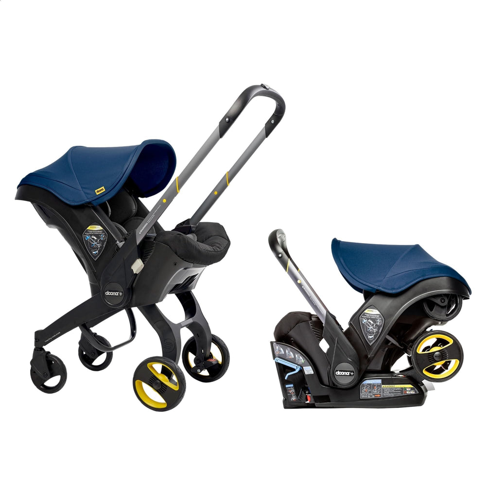 Doona car seat-stroller royal blue folded shows compact travel-ready design.