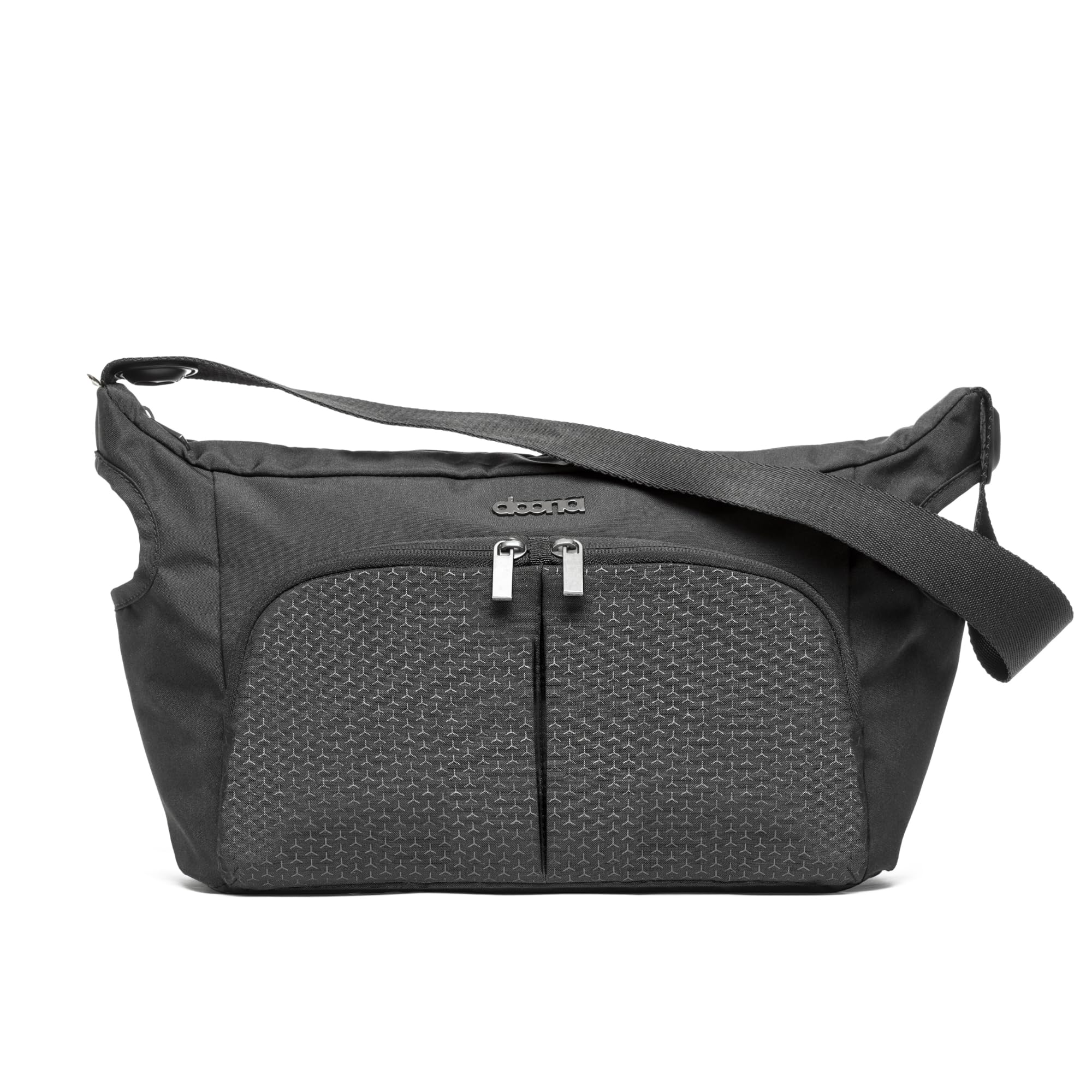DOONA Essentials Bag Nitro Black attached to stroller for organized on-the-go storage.