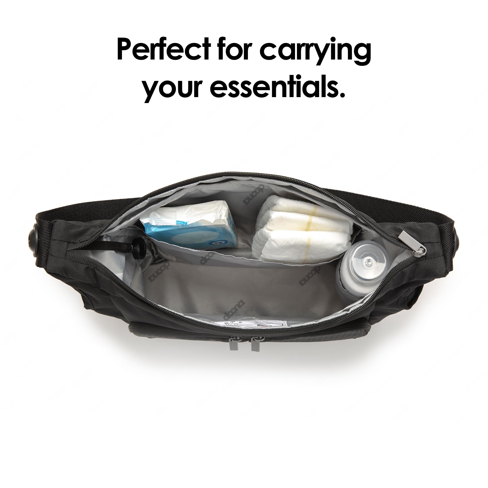 DOONA Essentials Bag Nitro Black top and side zippers enable easy access to essentials.