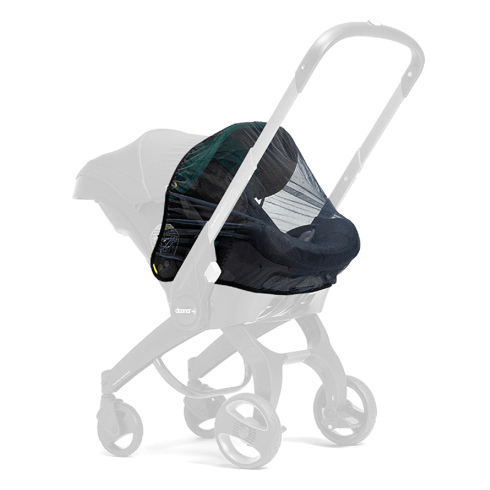 Doona insect net on car seat showing breathable see-through mesh for ventilation.
