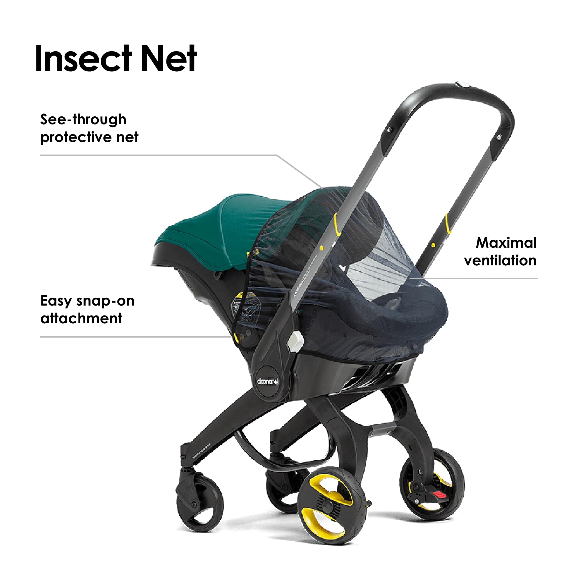 Doona insect net snap-on connectors for easy setup on compatible car seats and strollers.