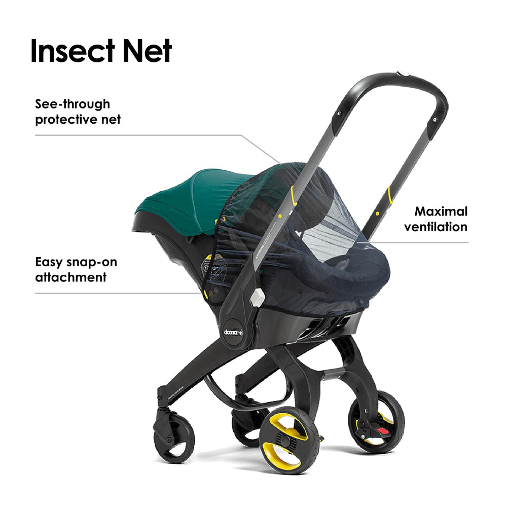 Doona insect net snap-on connectors for easy setup on compatible car seats and strollers.