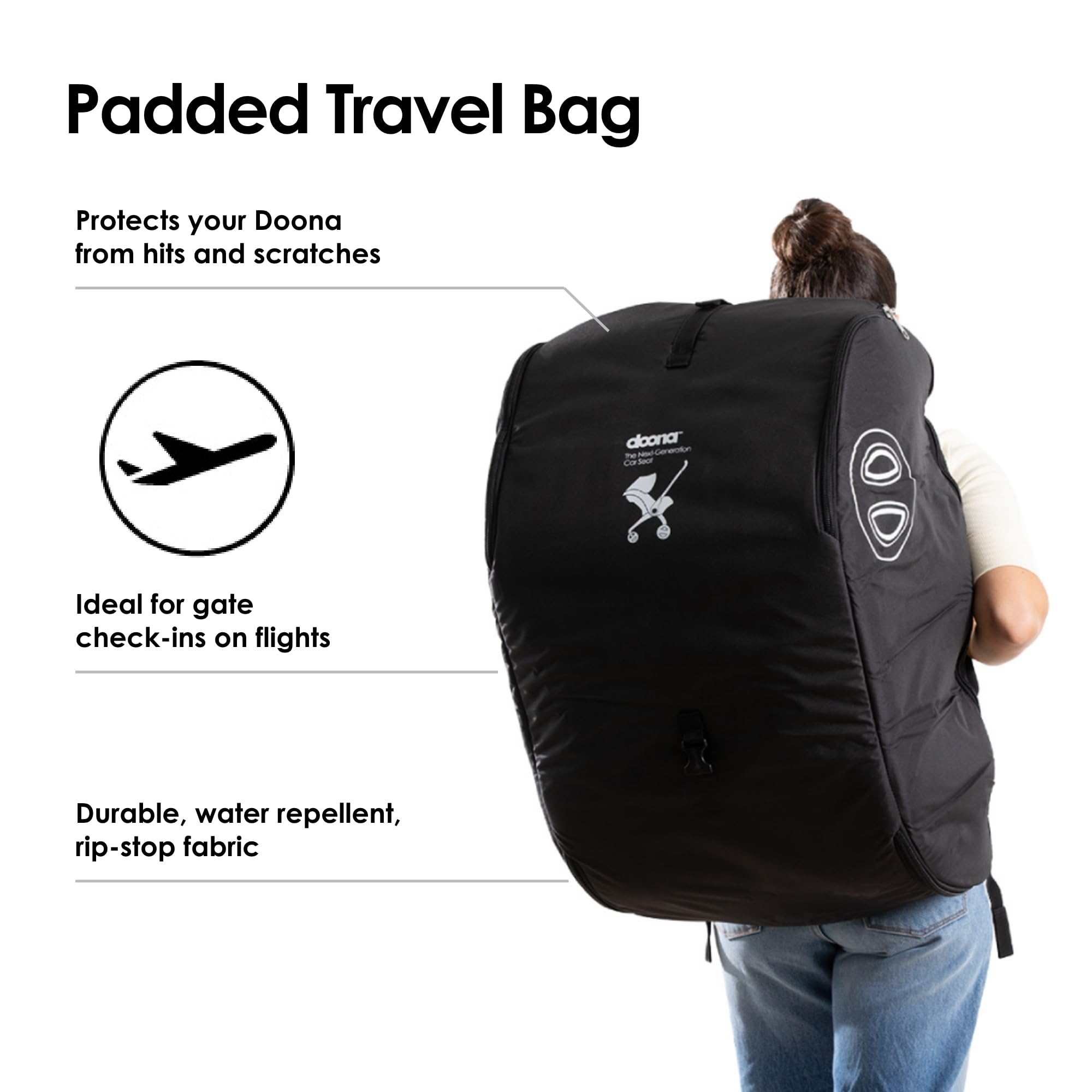 DOONA padded travel bag durable water-repellent fabric protects gear on trips.