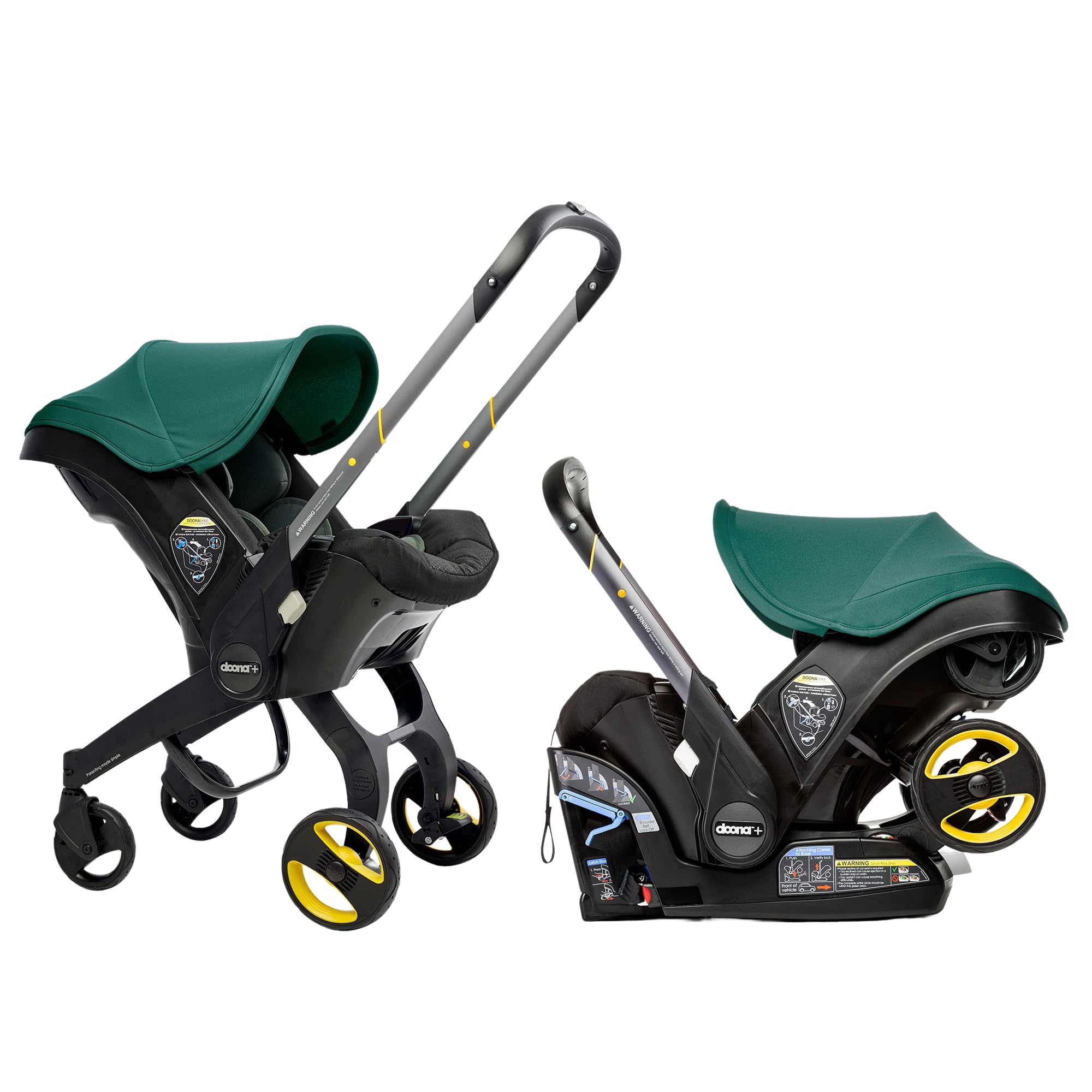 DOONA racing-green car-seat-stroller-transition enables quick, disruption-free travel with a sleeping infant.
