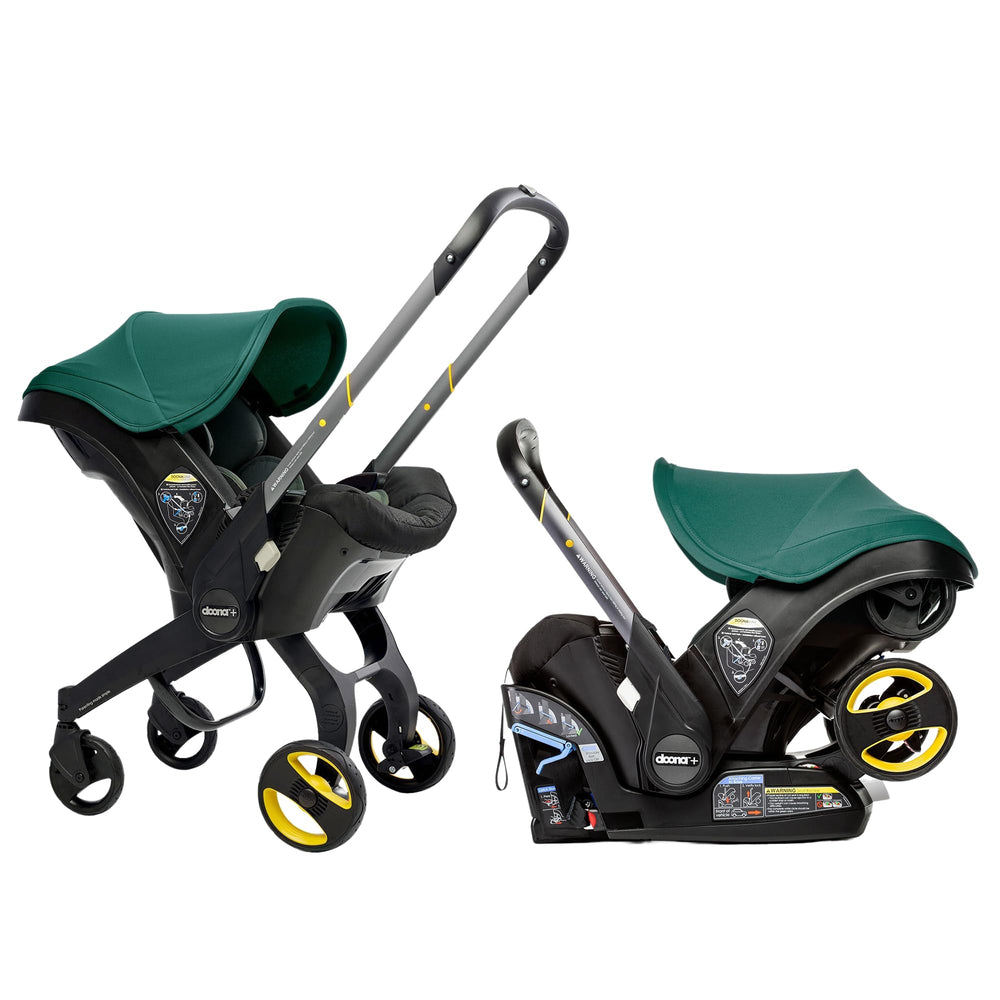 DOONA racing-green car-seat-stroller-transition enables quick, disruption-free travel with a sleeping infant.