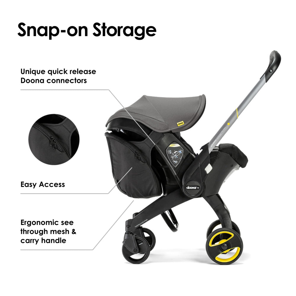 DOONA Snap-On Storage attached to DOONA with quick-release connectors for fast setup.